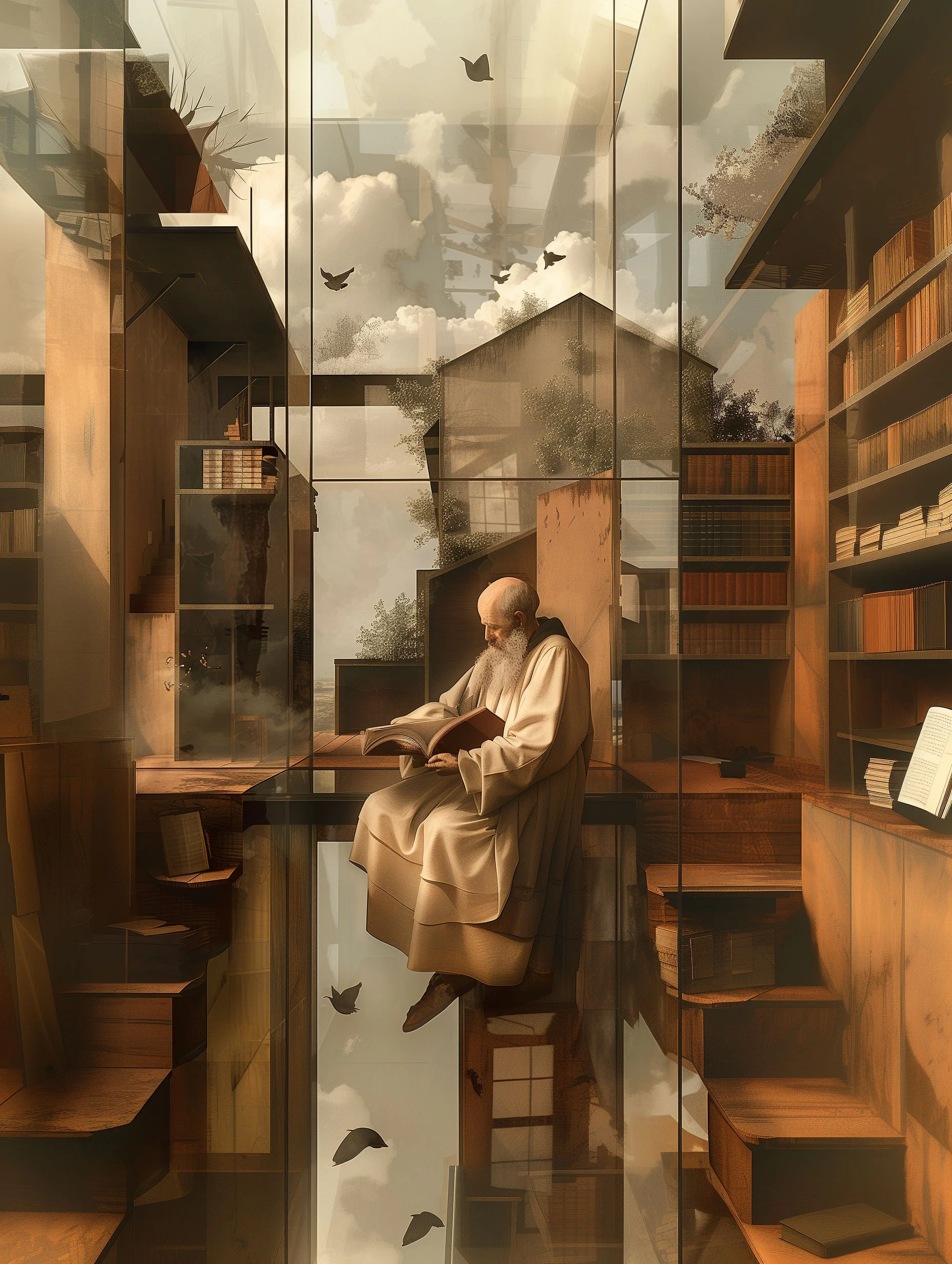 A monk reading a book sitting in a library that looks suspended where inside and outside intersect in a sort of dream.