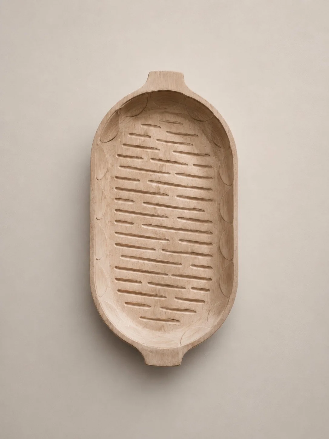 Forest Cookware IV — Elongated Grill Dish Wood cookware witness study — white oak / carved grill channels