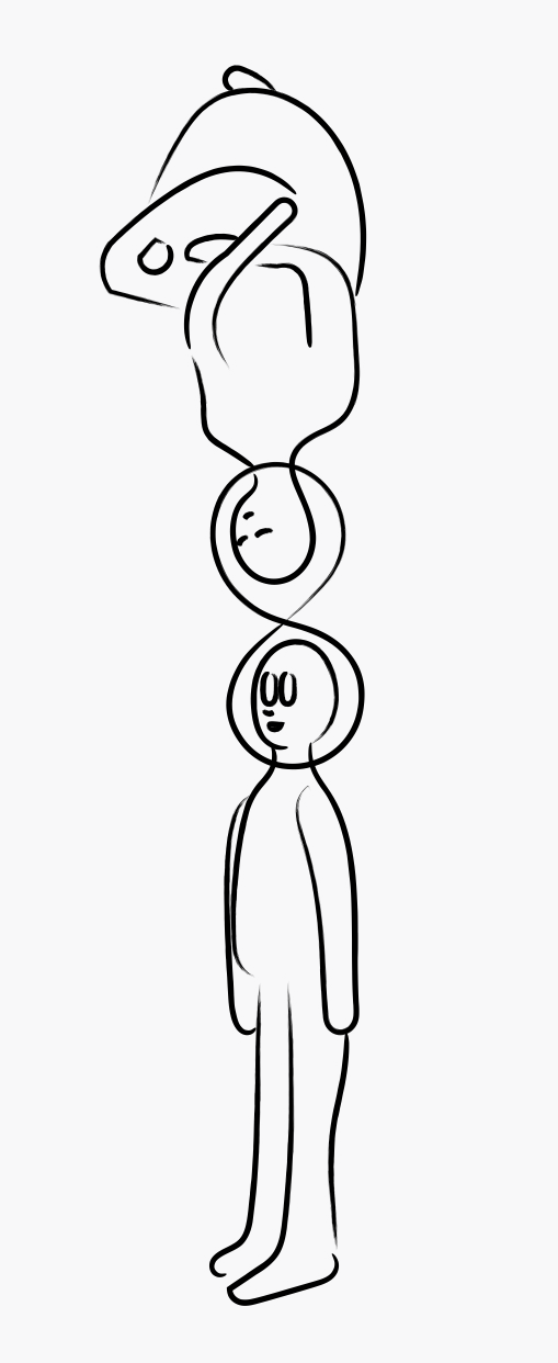Drawing by Martin Lenclos. A person practices seeing themselves as the dreamer of a scene floating above them, connected back to their body and attention.