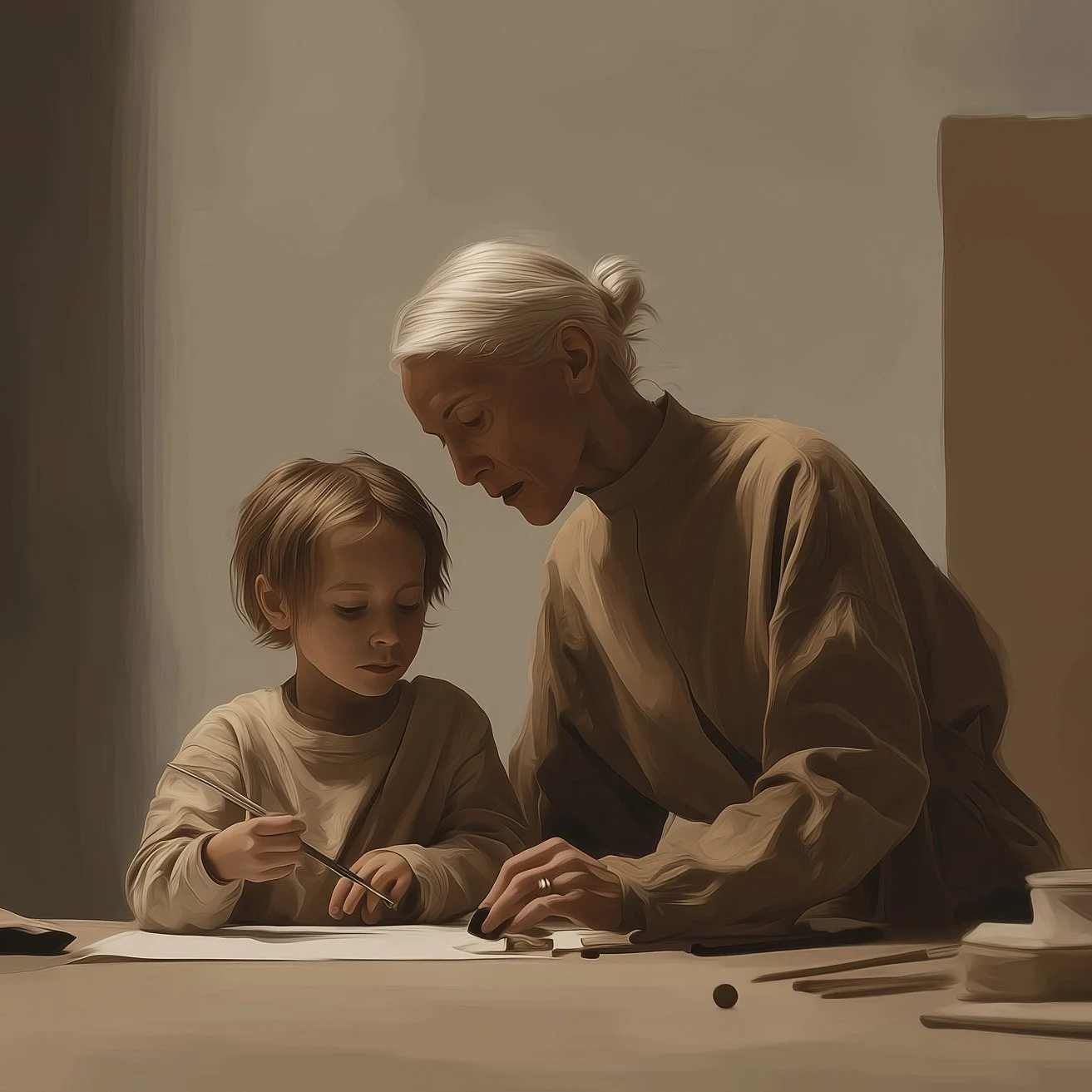 A child learns to paint with his grandmother.