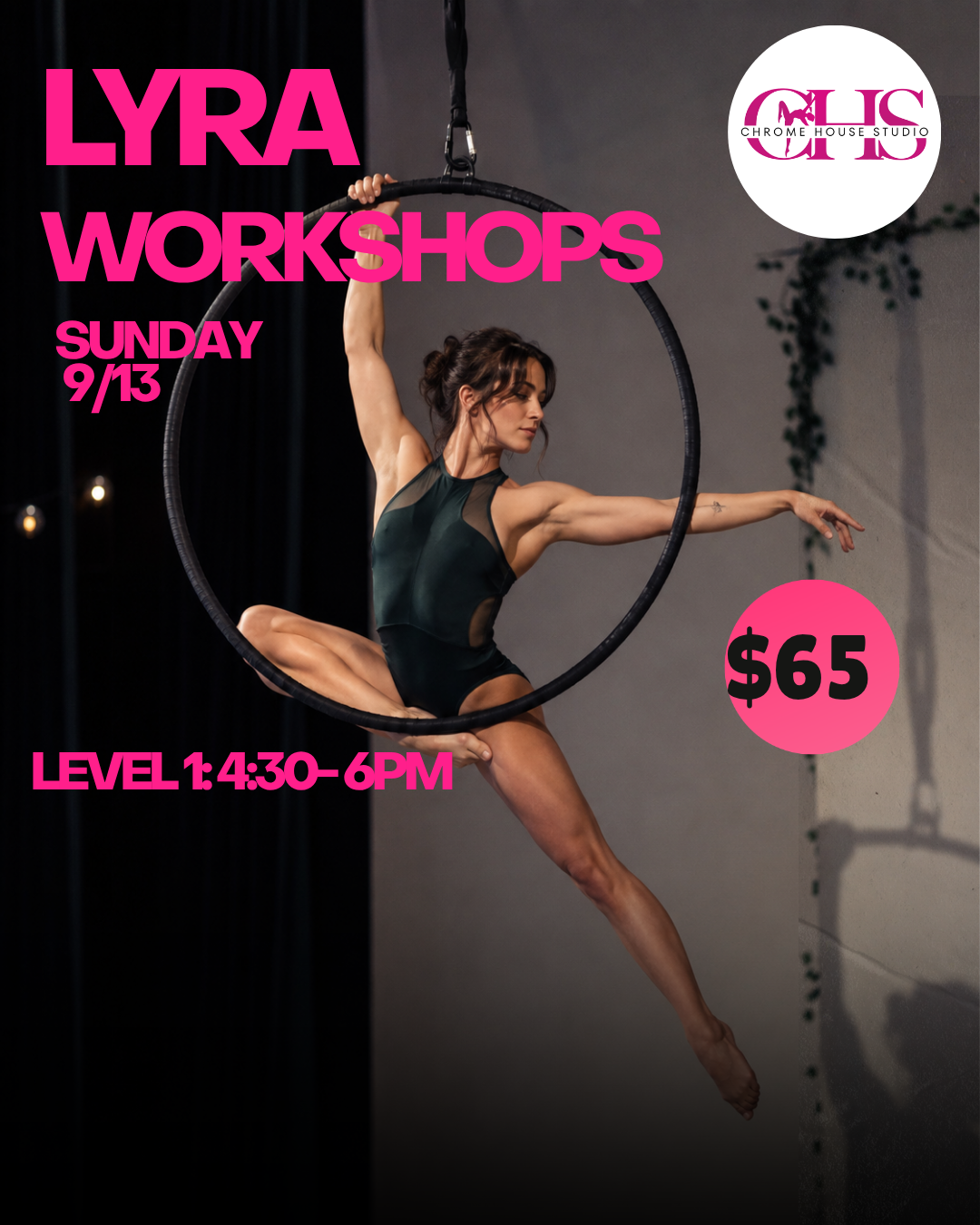 A woman performing a pole dance move, hanging upside down from a vertical pole, wearing boots, shorts, and a tank top. Text overlay advertises a pole dance class series by Chrome House with details about pricing and a discount code.