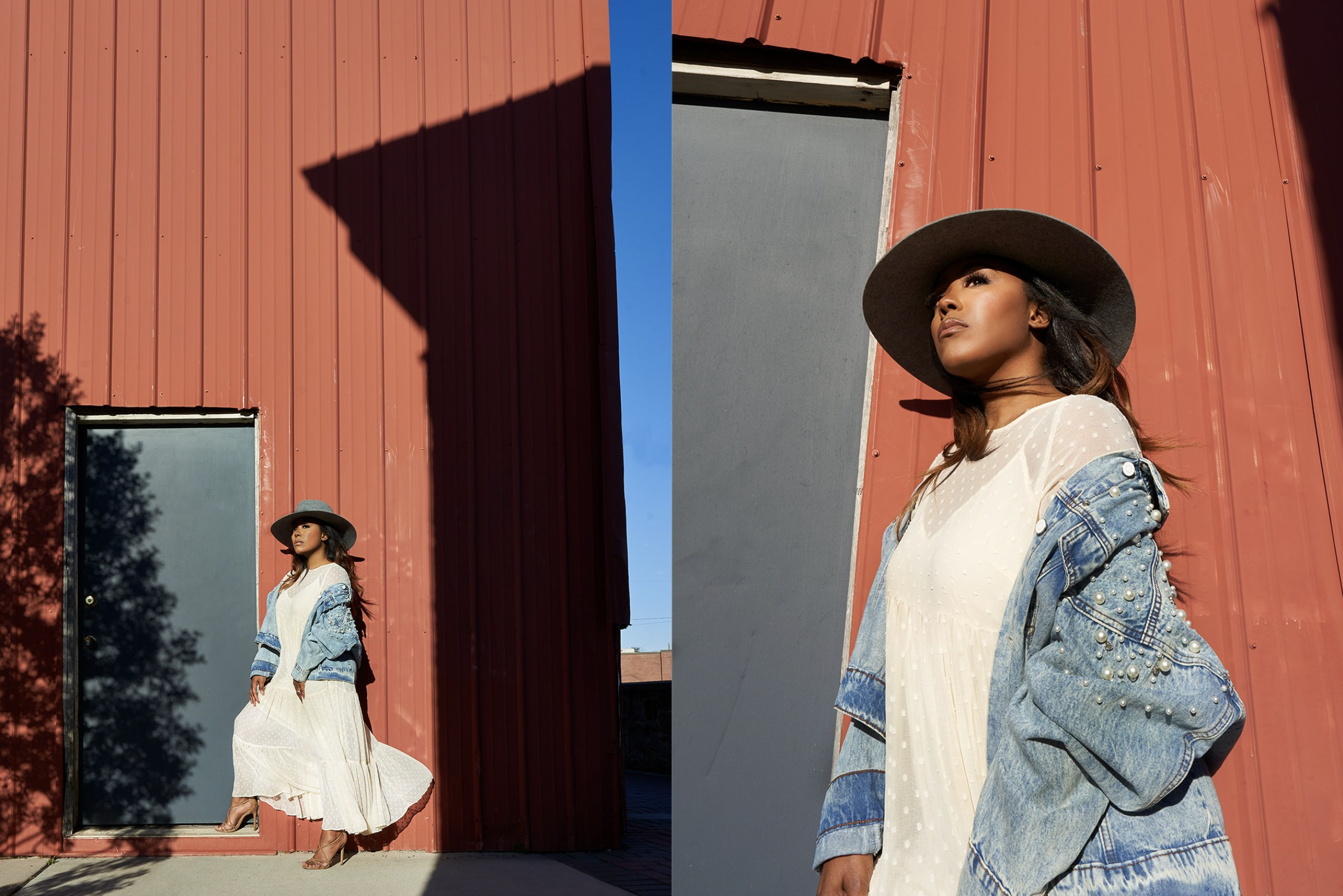 A woman in a white dress, denim jacket with pearl embellishments, and a wide-brimmed hat standing against a red building with shadow patterns, shown in a split view with a full-body shot on the left and a close-up on the right.