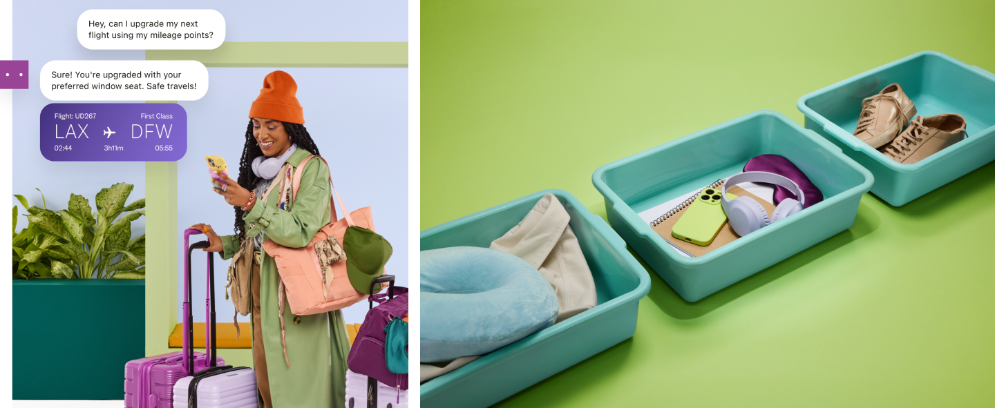 A woman with luggage at an airport, looking at her phone. The background shows a flight information display and some plants, with three teal storage bins filled with travel items such as shoes, headphones, a phone, a notebook, and a pillow.