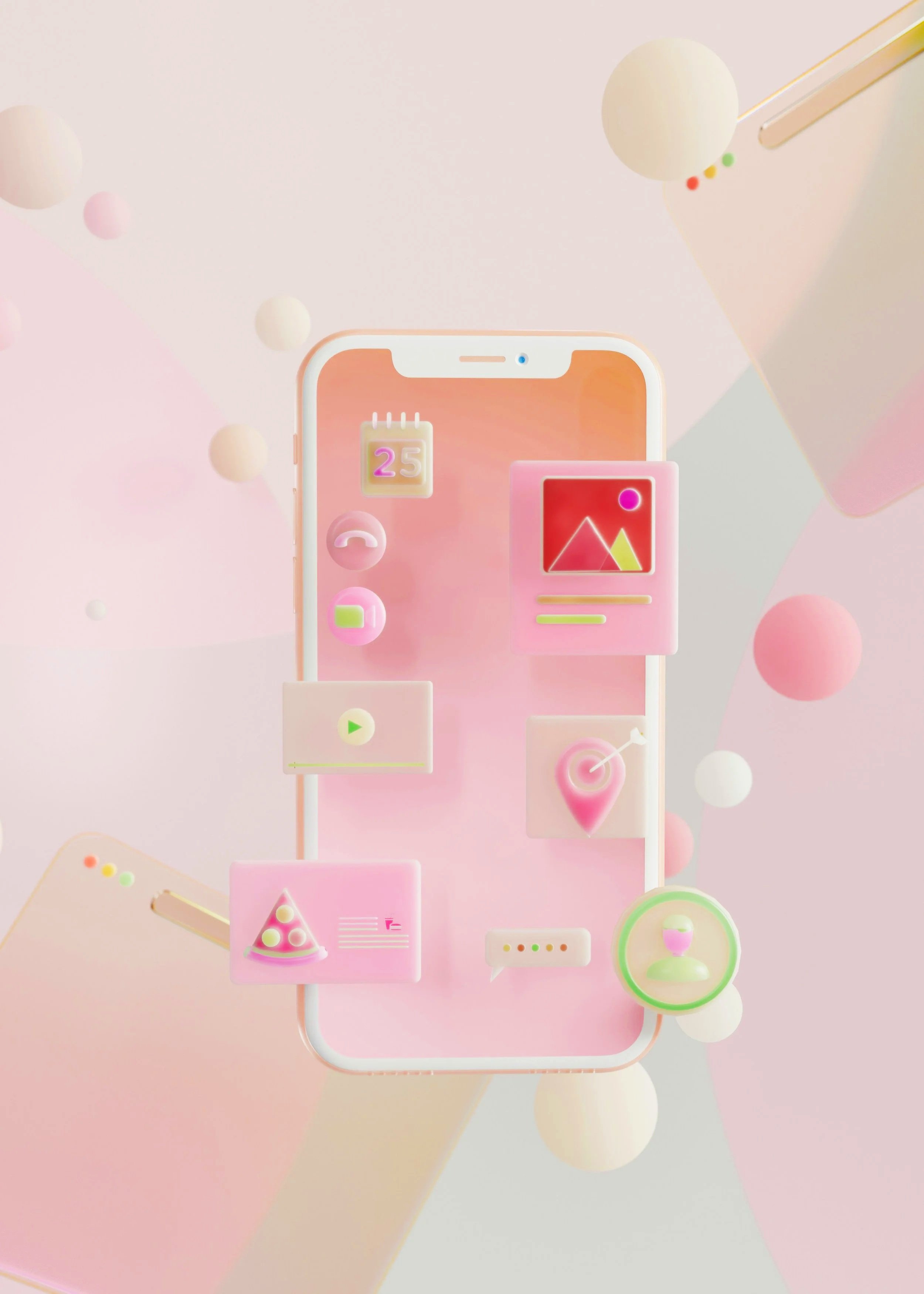 pastel phone with various social media icons for marketing content.