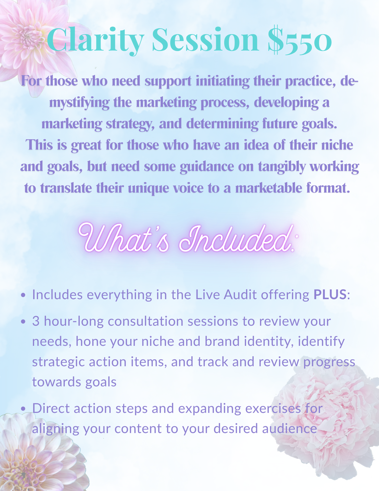 3 1 hour long consultations being offered to support marketing goals. For those who need support initiating their practice, de-mystifying the marketing process, developing a marketing strategy, and determining future goals.