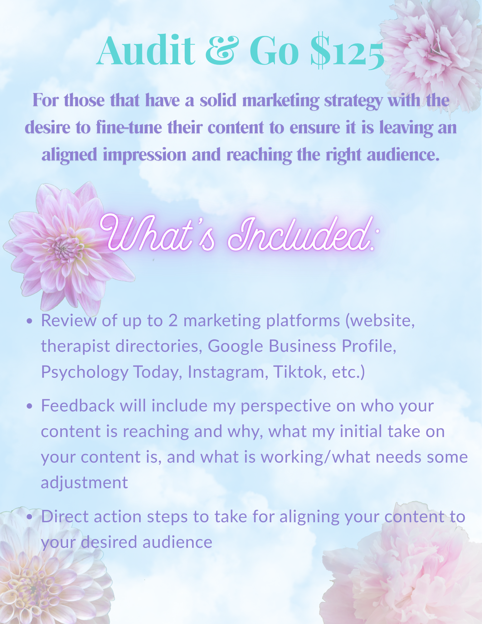 Marketing offering; a review of up to 2 marketing platforms with feedback given.For those that have a solid marketing strategy with the desire to fine-tune their content to ensure it is leaving an aligned impression and reaching the right audience.