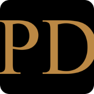 Close-up of a logo with the letters 'PD' in gold on a black background.