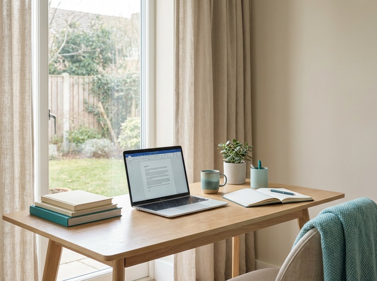 Calm workspace scene with books, notebook, and laptop near a window. Soft light, minimal design, warm neutral palette. Reflective, learning-oriented atmosphere.