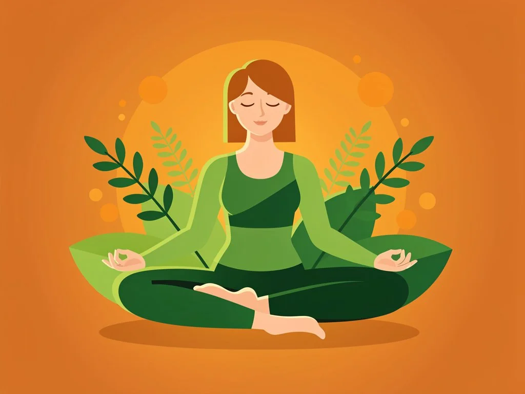 Woman meditating. Oranges and greens. vector style