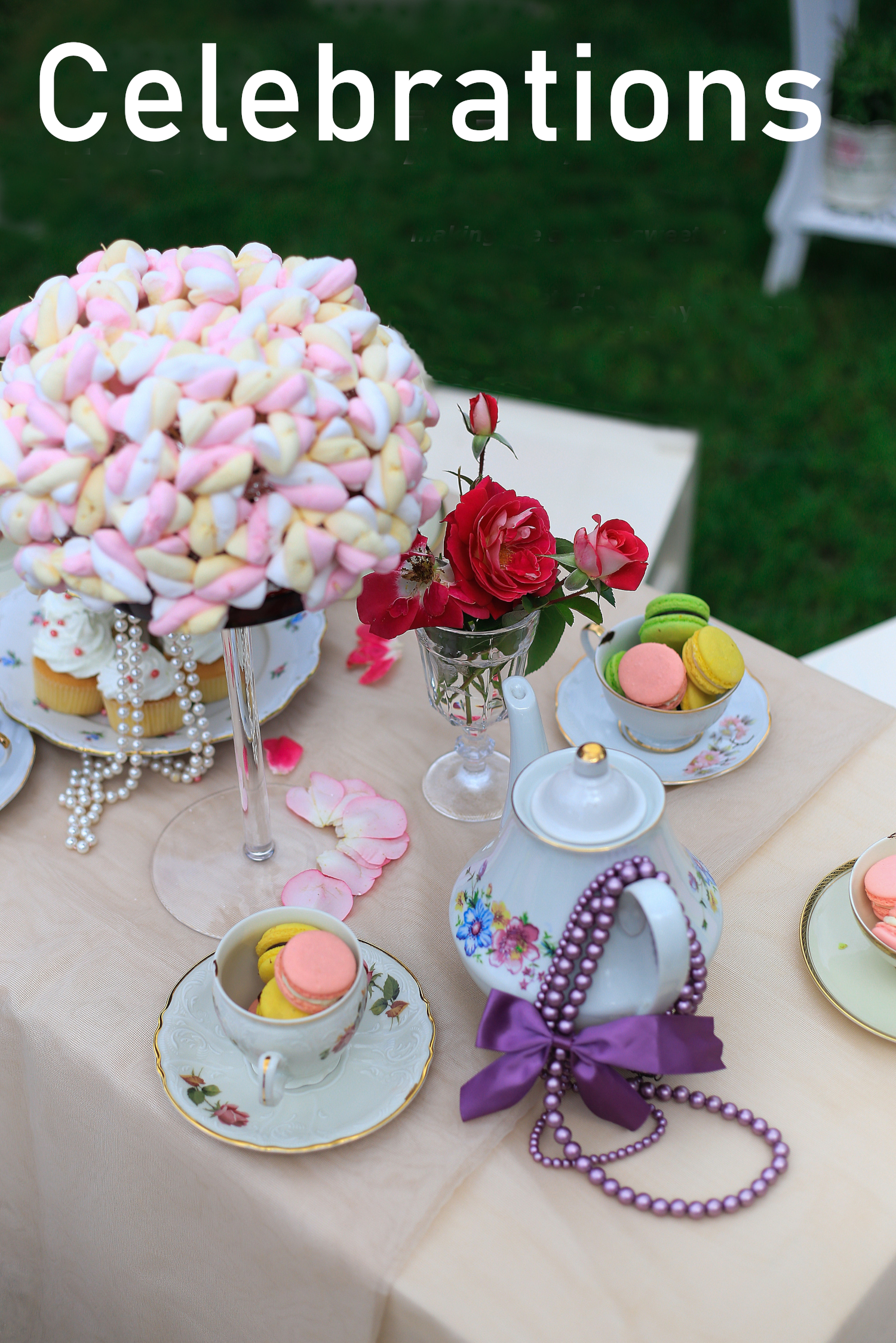 Event Table Setting Outdoors Decorated With Tea Garden Theme. The Word Celebrations Appears Across the Top of the Image.