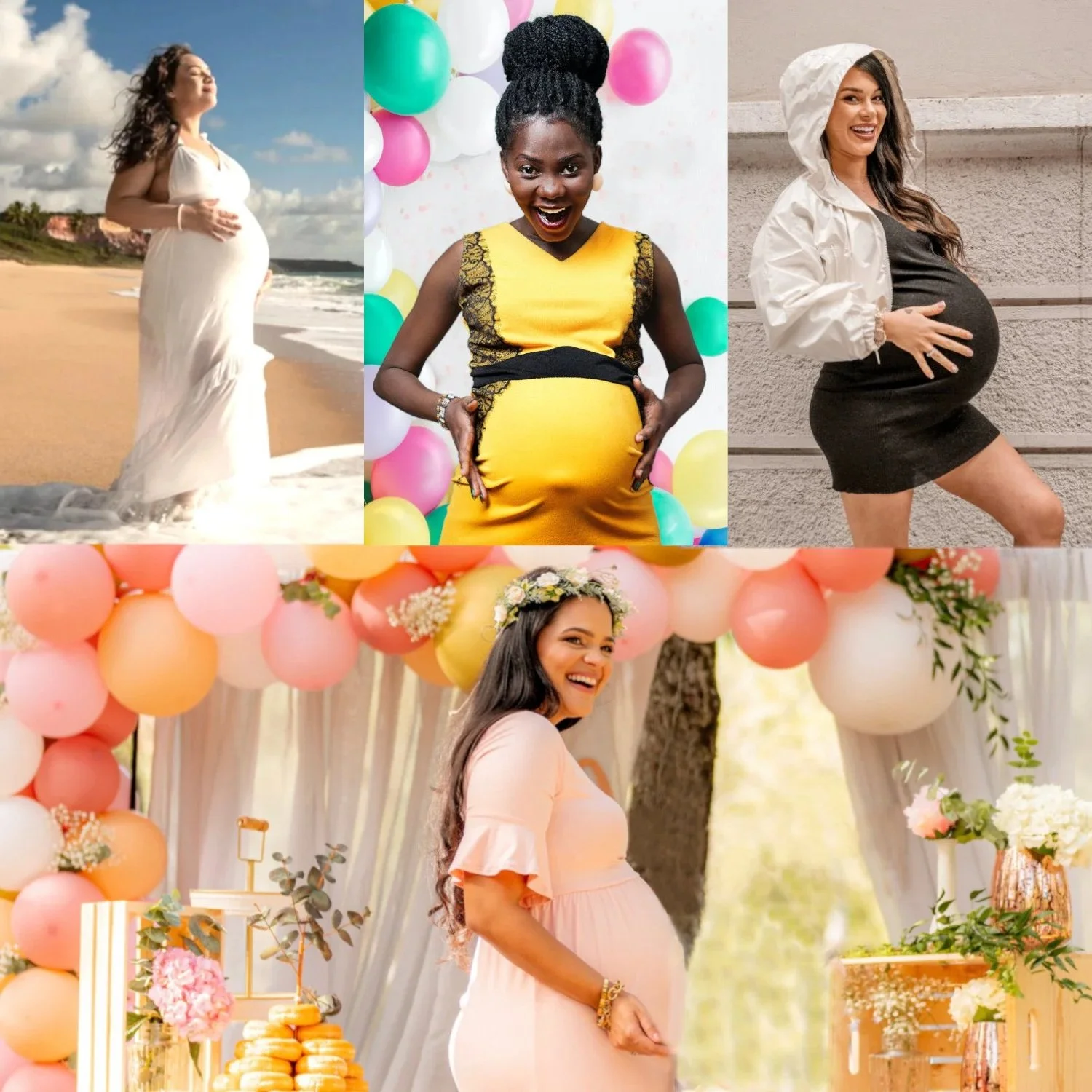 Collage of happy pregnant moms wearing maternity clothes and baby shower scenes.