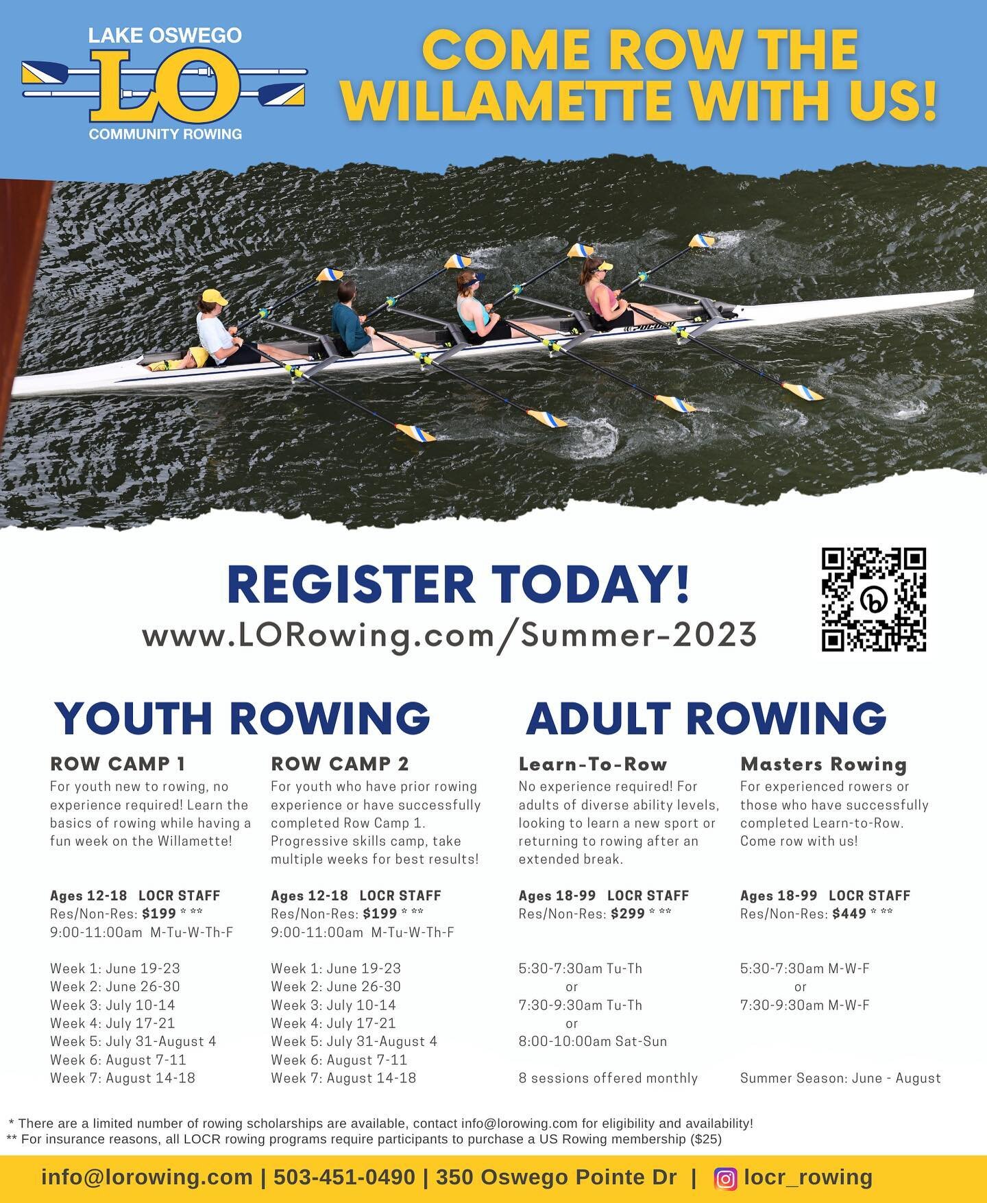 Looking for a summer camp program that will help your kids learn an exciting team sport while spending the day on the Willamette river?  Check out our 2023 Summer series of Row Camps!

Our programs build progressive skills, so sign up for multiple we