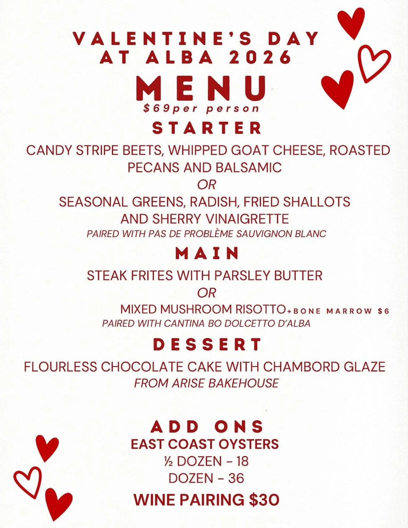 Hey Neighbors!

ALBA is hosting a beautiful Valentine's Prefix! ❤️ The food is INCREDIBLE and Arise Bakehouse is making a special appearance for the evening. If you're looking for some delicious plans - 10/10 recommend you spending your evening there