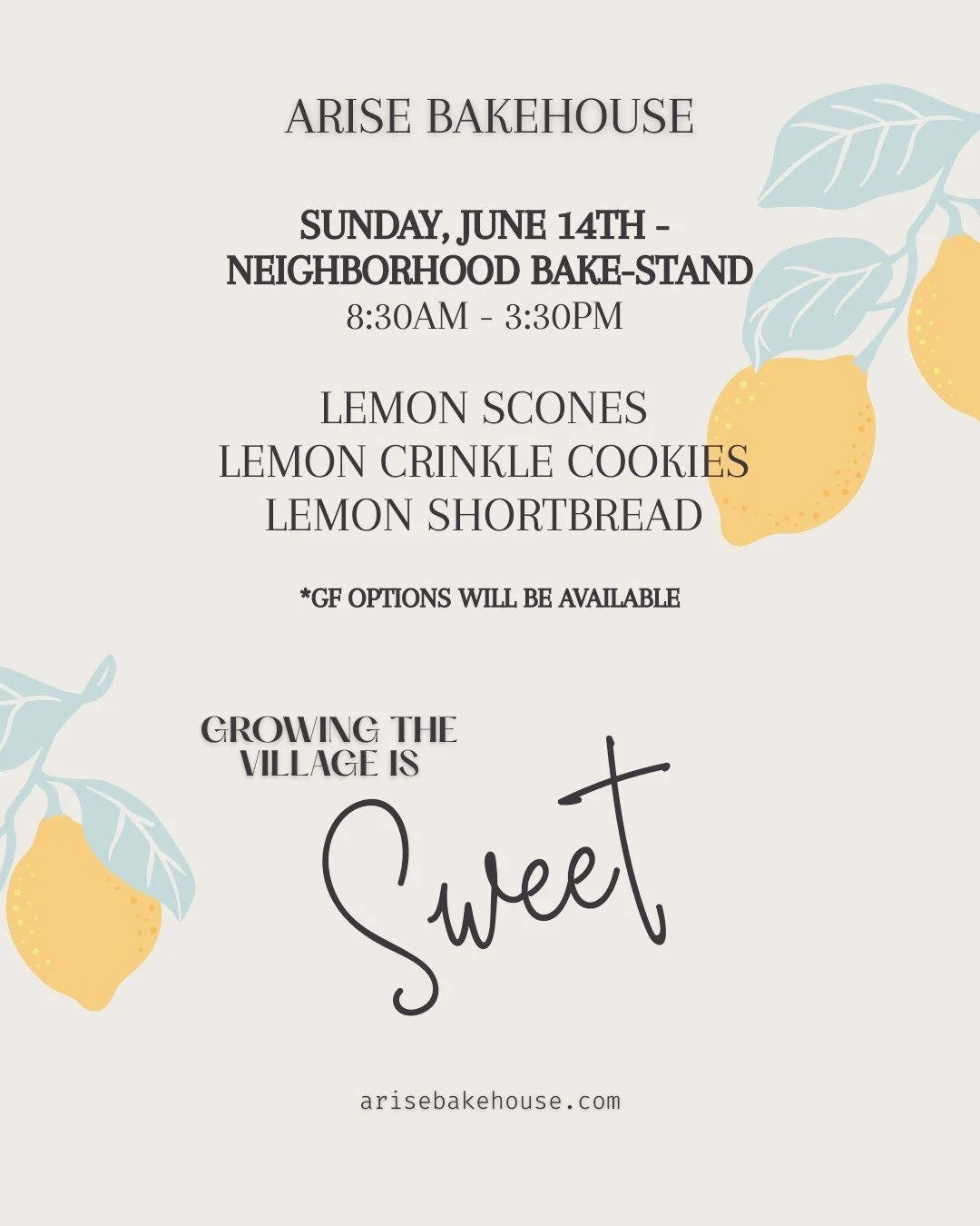 Hi Neighbors!

This month's Neighborhood Pop-Up is really special!
Proceeds from this month's lemony baked goodies will be going to support Foster Village's Growing the Village is Sweet Campaign. 🍋

*GF options will be available for most items. (and