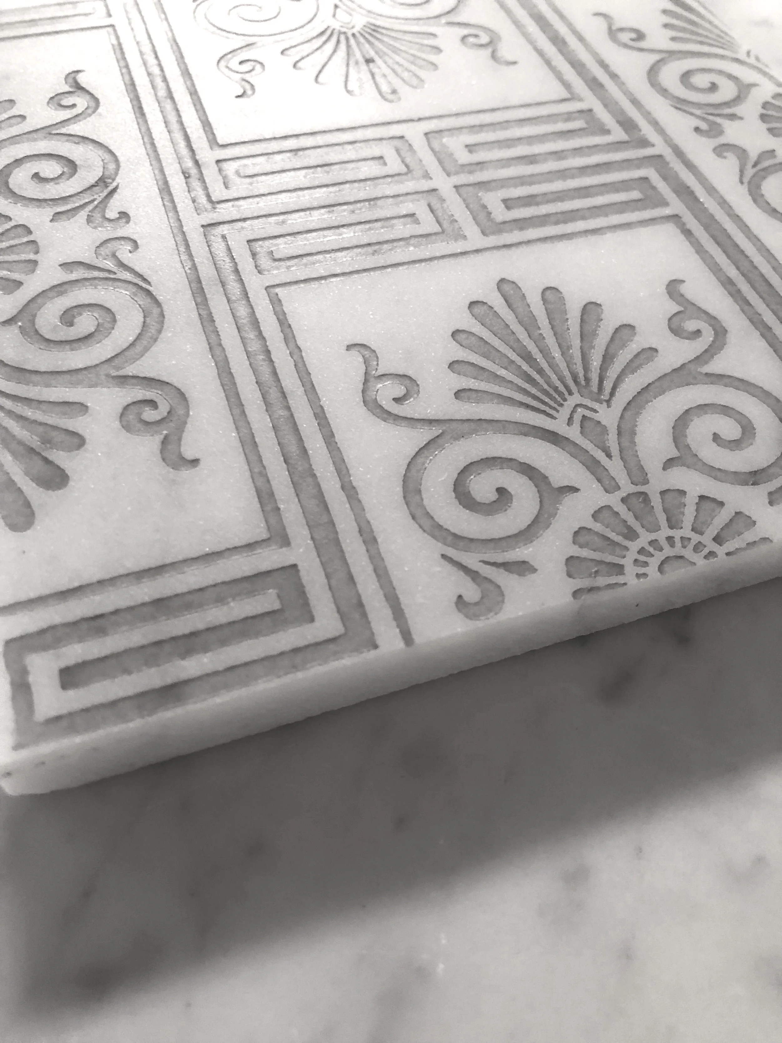 Carrara Bianco marble tile handmade etched stone farmhouse modern rustic natural luxury kitchen bathroom backsplash interior designer artisan handcrafted art copper white custom