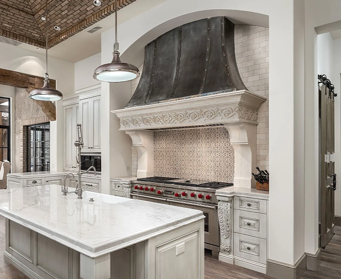Kitchen backsplash mural. Thassos 6x6 pattern WTS362R Noce. (Photos by designer Fratantoni interior design group)