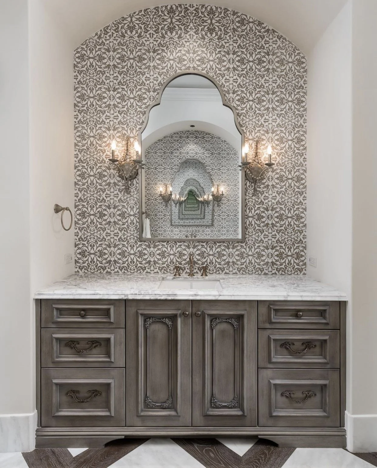 Bathroom backsplash etched Thassos marble WTS362R Noce stain 12x12 (Photos by designer Fratantoni interior design group)