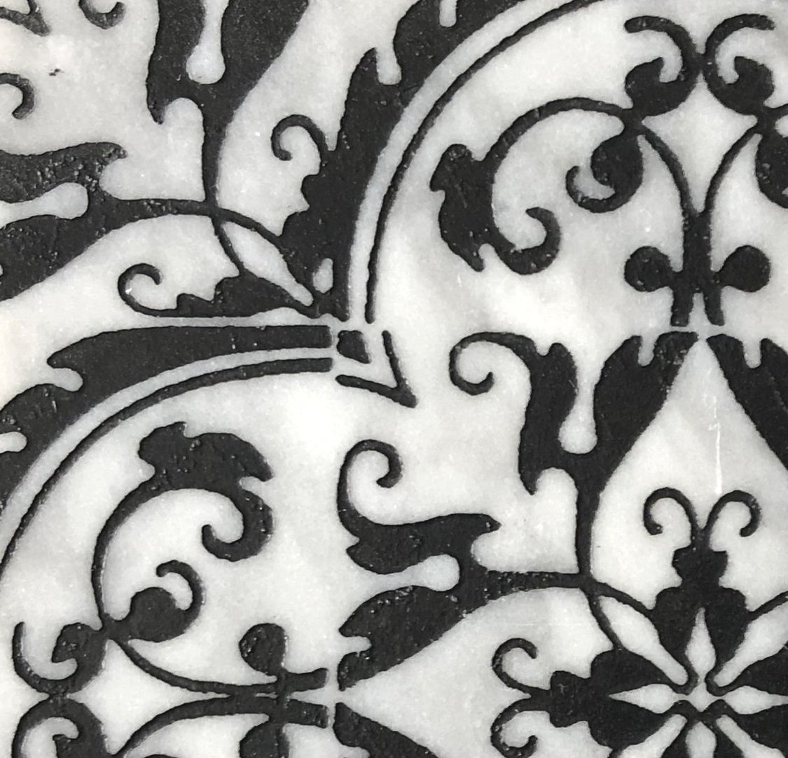 Carrara Bianco marble tile handmade etched stone farmhouse modern rustic natural luxury kitchen bathroom backsplash interior designer artisan handcrafted art black white custom