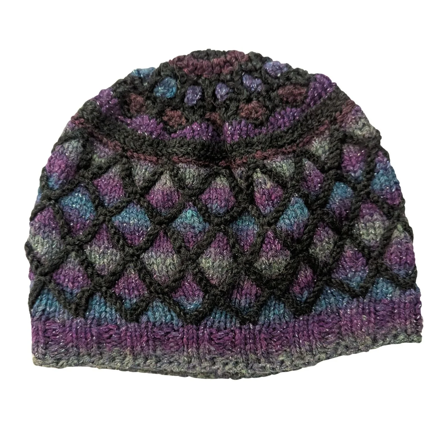 Colorful knitted beanie hat with a pattern of diamonds in shades of purple, black, blue, and pink.