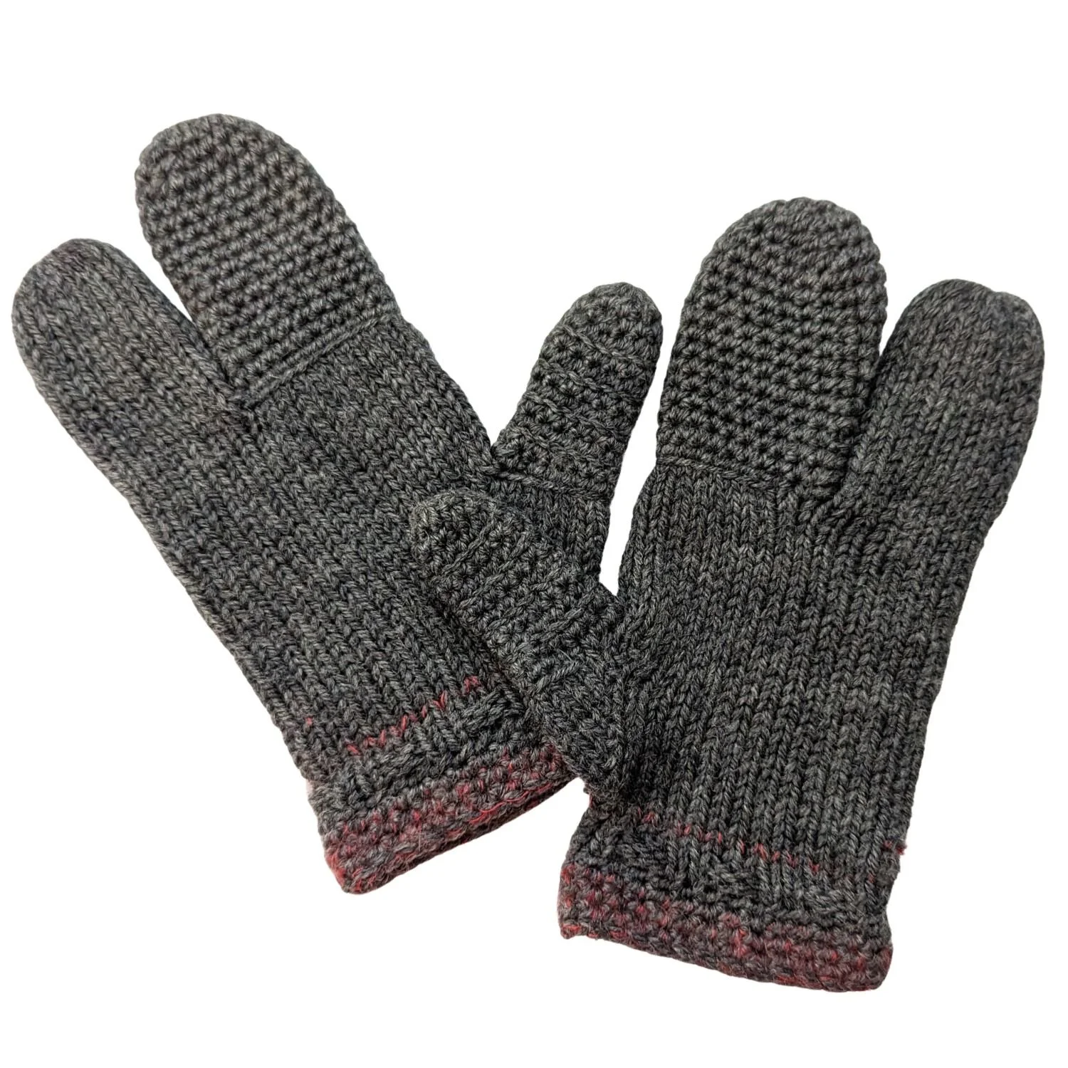 A pair of gray knitted gloves with red accents at the cuffs.