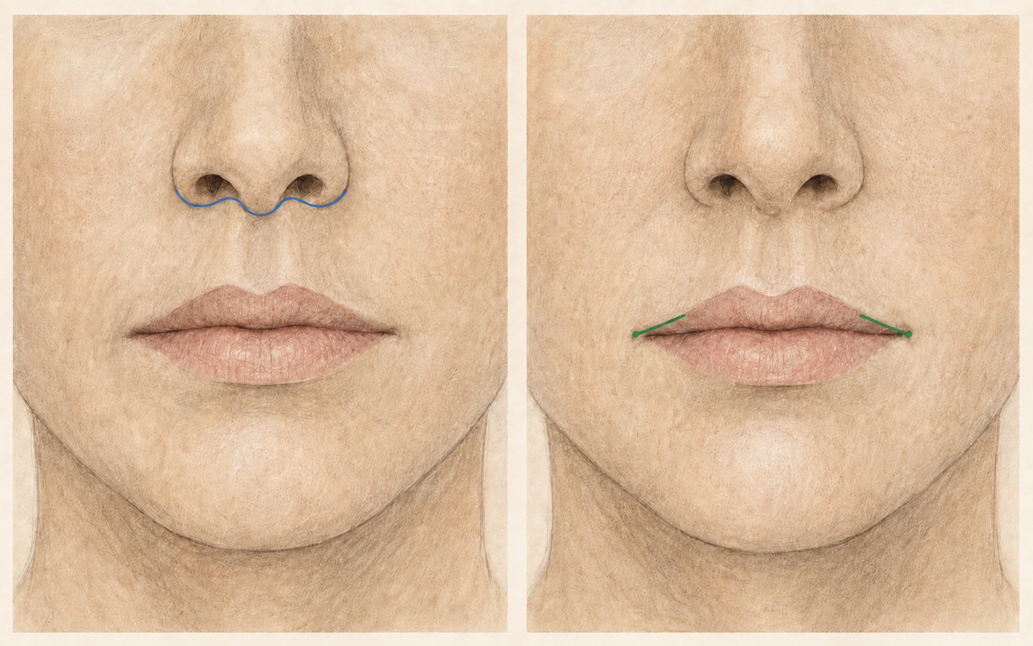 Ilustração médica das incisões do Lip Lift e do Corner Lift