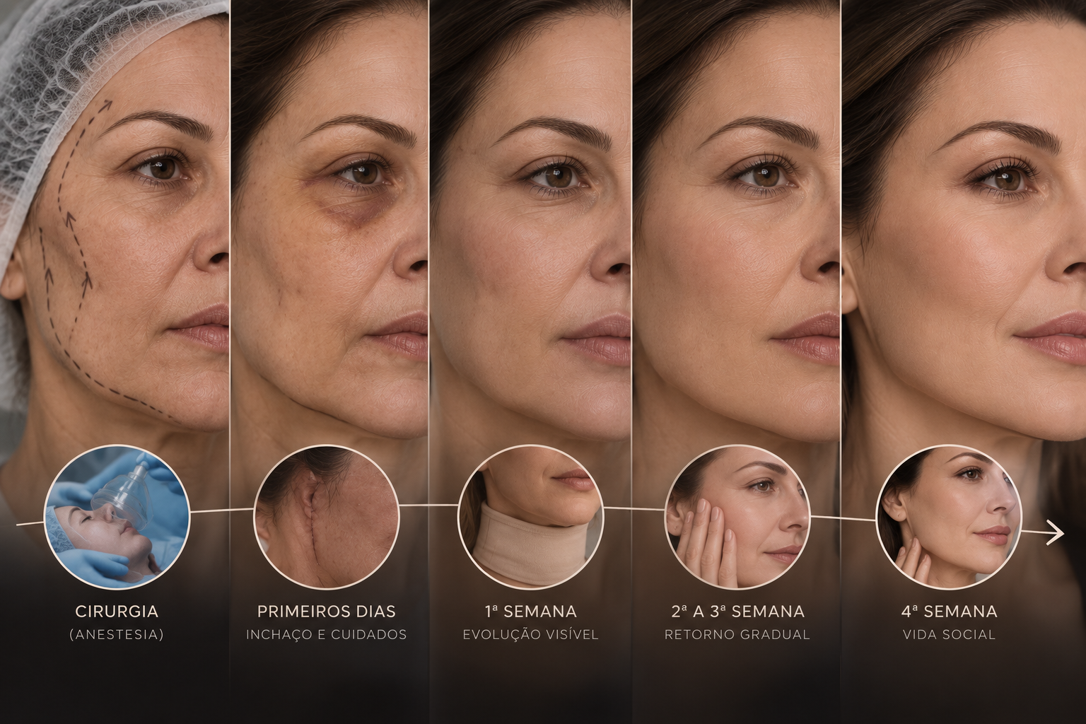 Recuperação do lifting facial semana a semana: da anestesia ao retorno à vida social