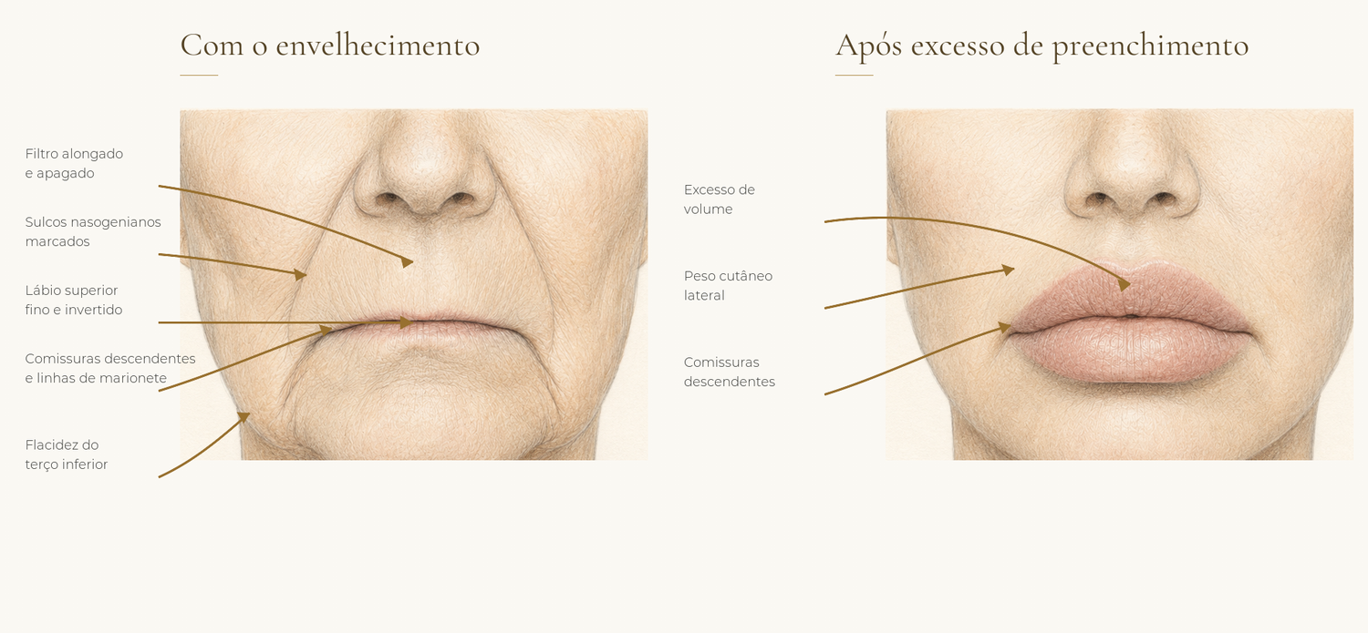 Ilustração médica comparando alterações relacionadas ao envelhecimento e ao excesso de preenchimento