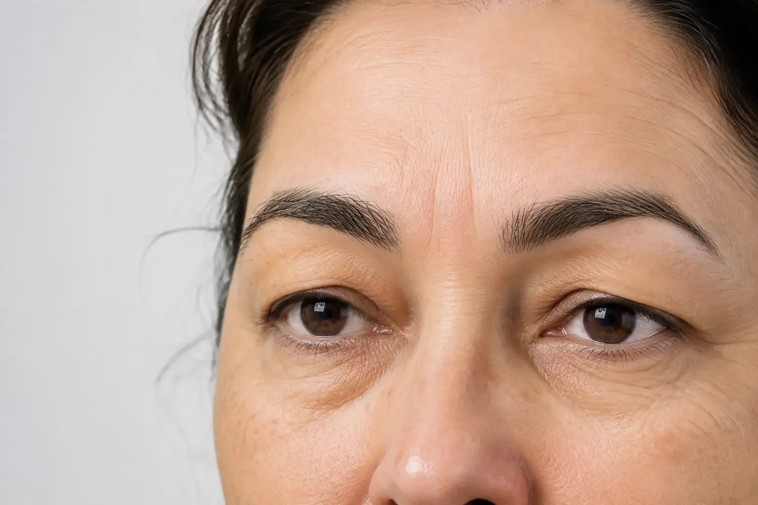 Região periocular de mulher madura em retrato editorial, com pele natural, pálpebras e supercílios visíveis