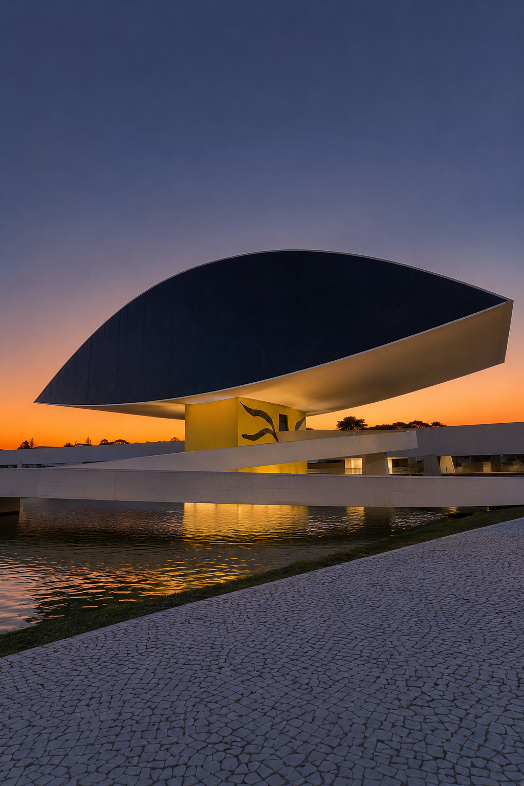 Museu Oscar Niemeyer ao entardecer, em Curitiba
