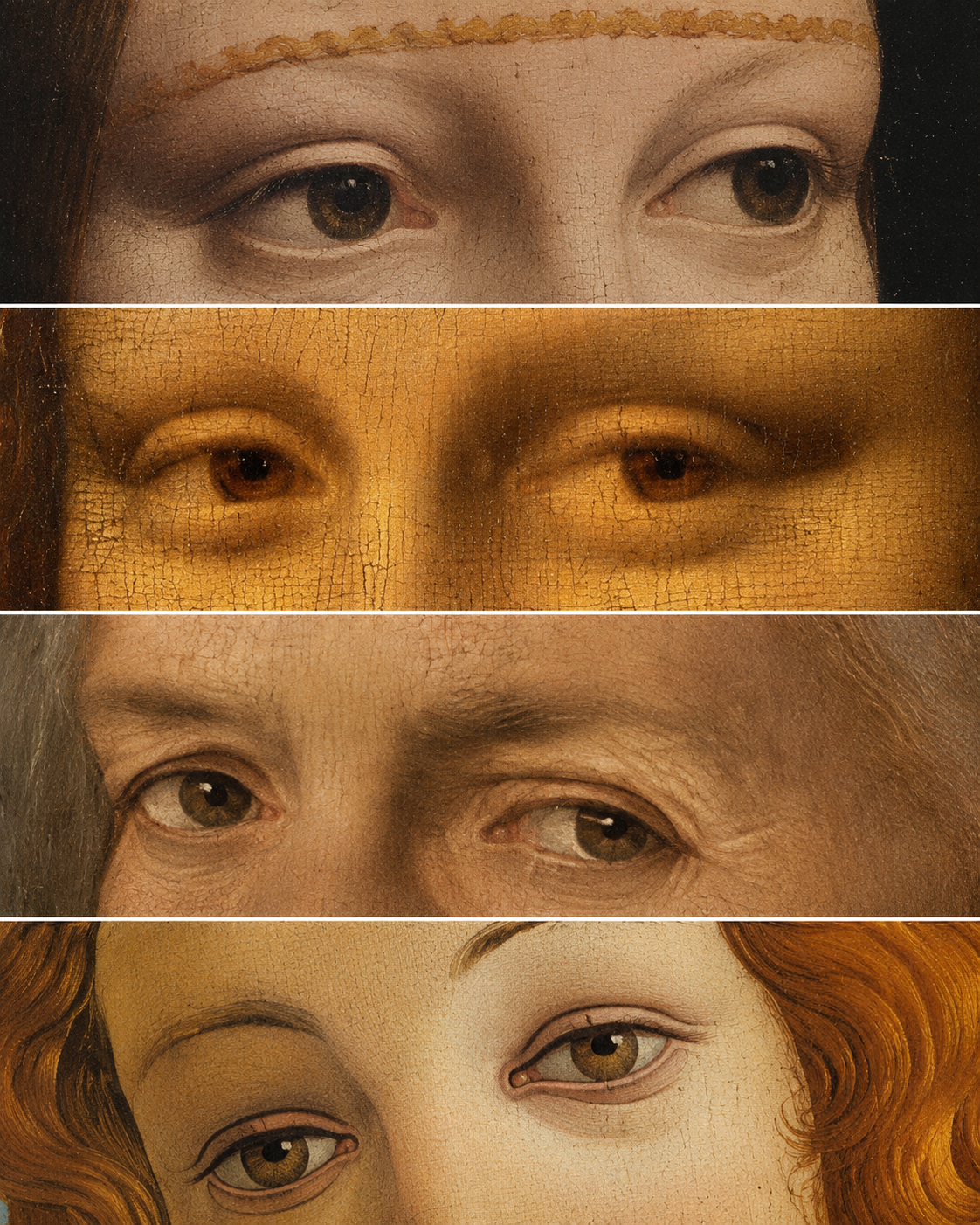 Colagem editorial com detalhes dos olhares de quatro retratos renascentistas