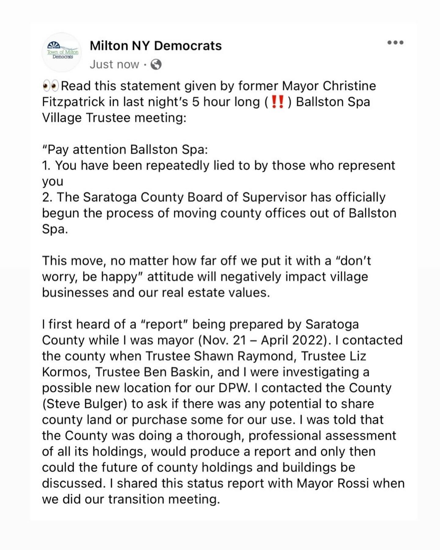 👀Read this statement given by former Mayor Christine Fitzpatrick in last night&rsquo;s 5 hour long (‼️) Ballston Spa Village Trustee meeting:

&ldquo;Pay attention Ballston Spa:
1. You have been repeatedly lied to by those who represent you
2. The S