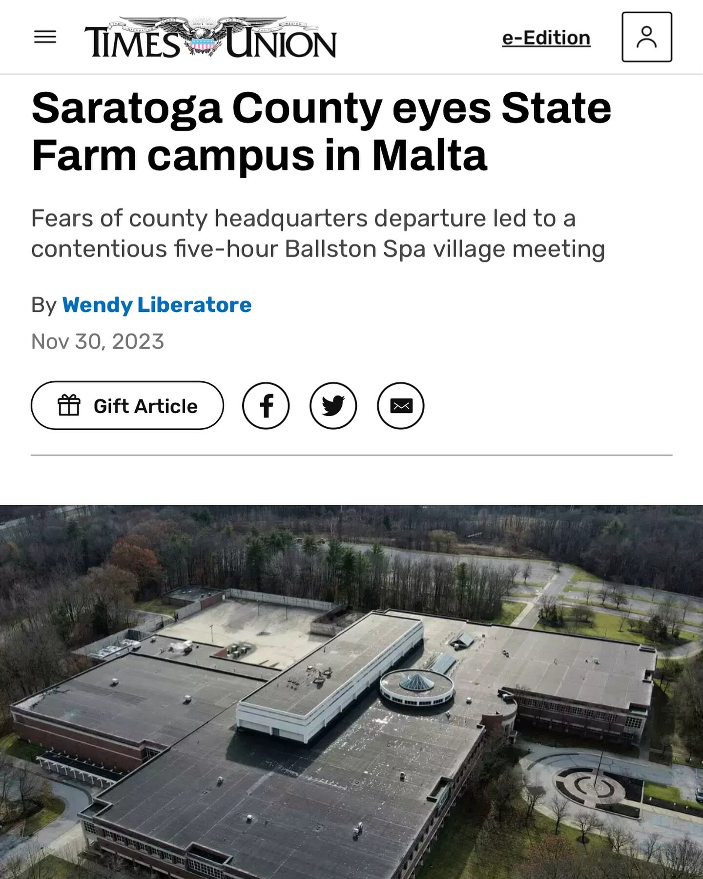 🚨📰Saratoga County eyes State Farm campus in Malta. Fears of county headquarters departure led to a contentious five-hour Ballston Spa village meeting 
By Wendy Liberatore, Nov 30, 2023:

&ldquo;BALLSTON SPA &mdash; The Saratoga County Board of Supe