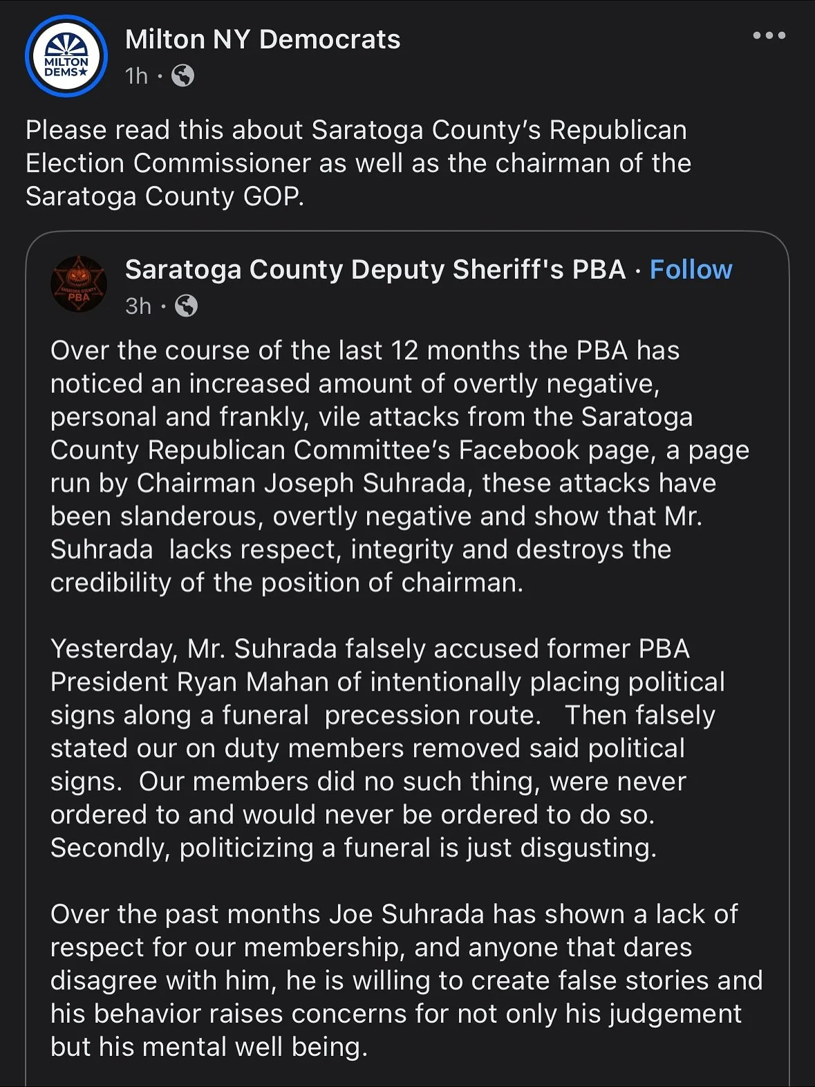 👀 Please read this post from Saratoga County Deputy Sheriff&rsquo;s PBA about Saratoga County&rsquo;s Republican Election Commissioner as well as the chairman of the Saratoga County GOP. 

&ldquo;Over the course of the last 12 months the PBA has not