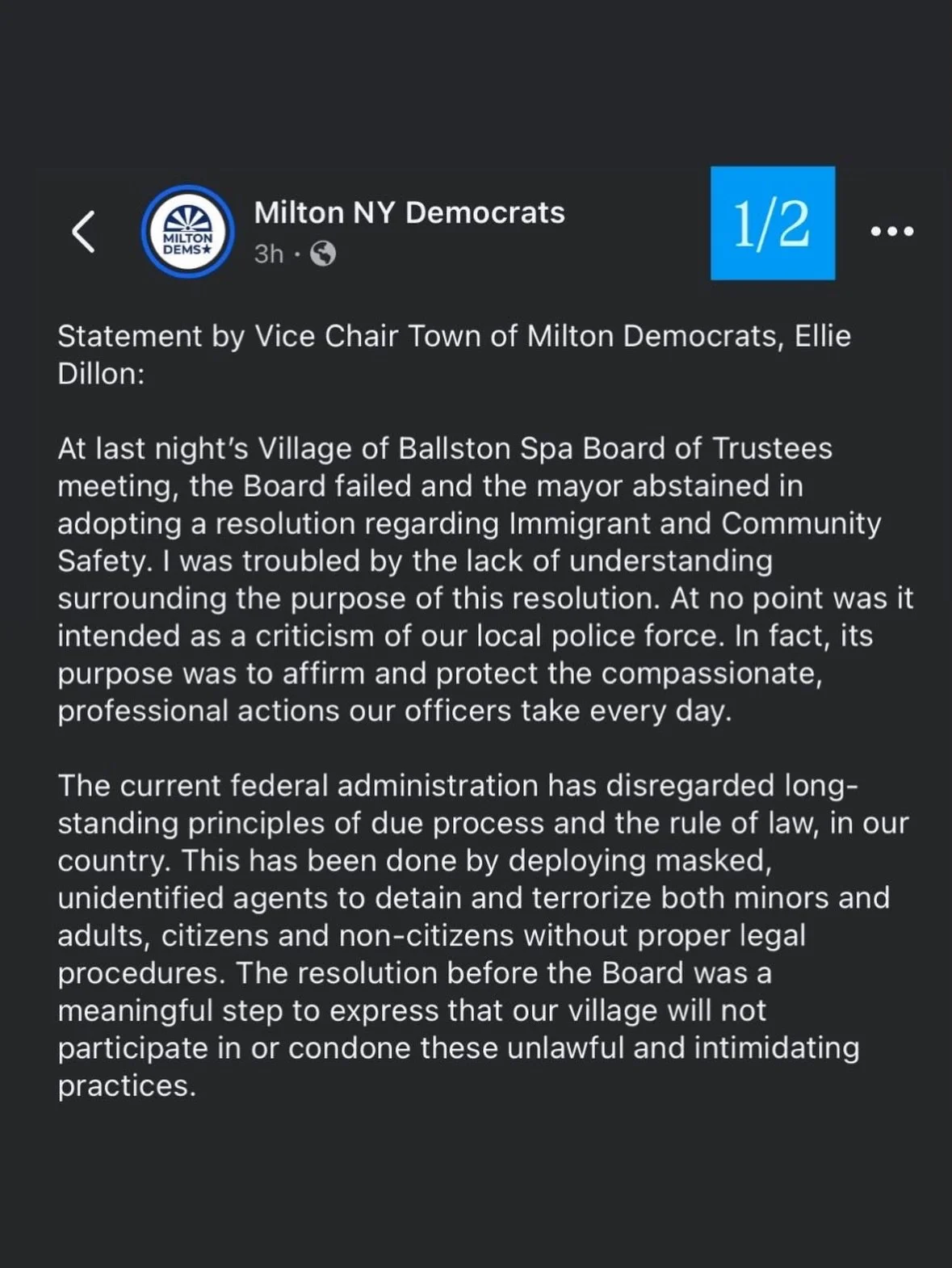 👉 Statement by Vice Chair Town of Milton Democrats, Ellie Dillon