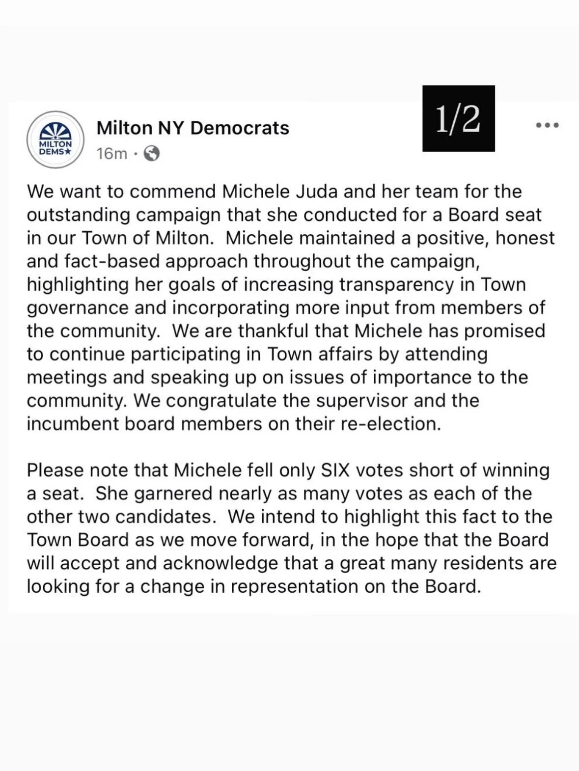 6️⃣🗳️Statement from our chairs on Milton Town Board seat final recount results