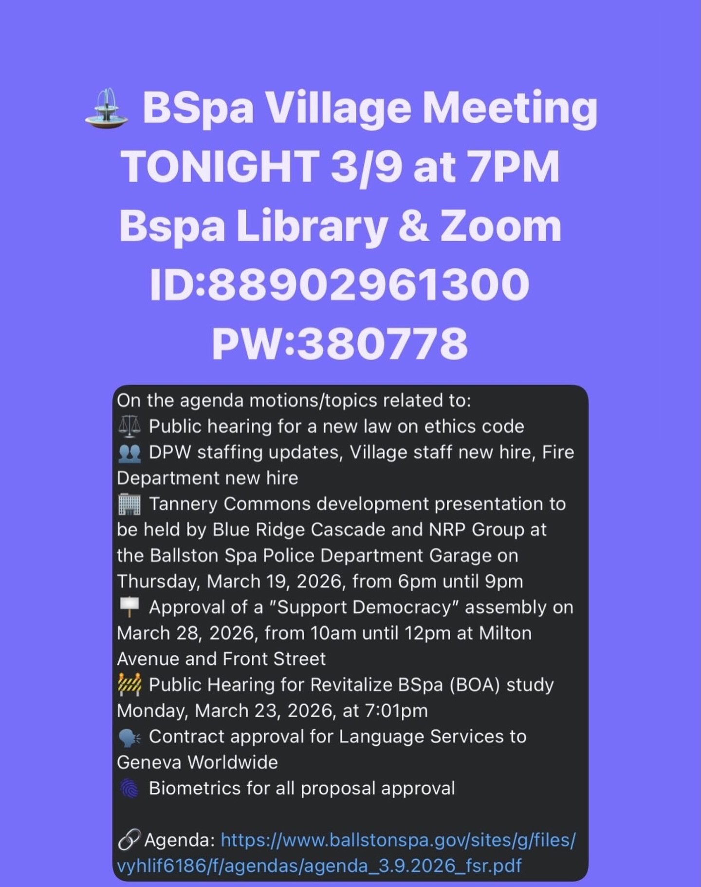 ⛲️ BSpa Village Meeting TONIGHT 3/9 at 7PM
Bspa Library &amp; Zoom ID 88902961300 PW: 380778

On the agenda motions/topics related to:
⚖️ Public hearing for a new law on ethics code 
👥 DPW staffing updates, Village staff new hire, Fire Department ne