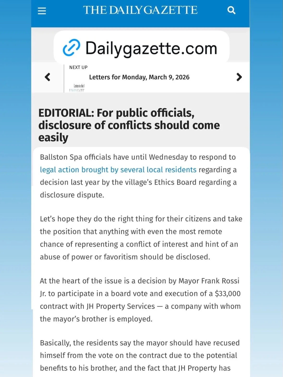 📰 Read the full article of the Daily Gazette&rsquo;s Editorial Board&rsquo;s take on Mayor Rossi&rsquo;s behavior and the multiple lawsuits facing Ballston Spa Village: https://www.dailygazette.com/opinion/editorial-daily-gazette/article_047d03e0-2c