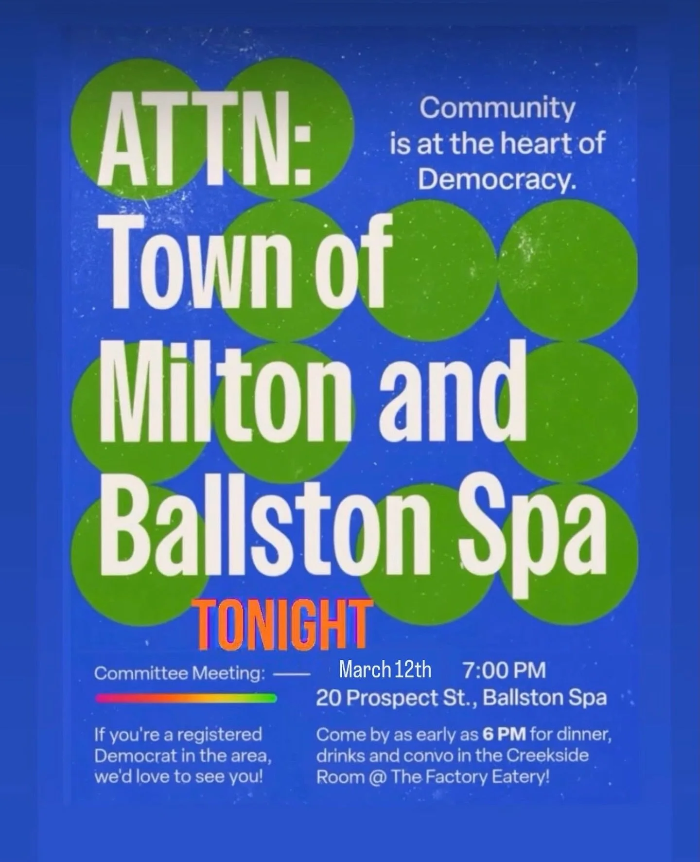 👋Join us TONIGHT 3/12 at 7PM for our #miltonnydems meeting at The Factory! All registered Democrats in Ballston Spa and The Town of Milton (and local area) are welcome to attend!!

📅 Date: Thursday, 3/12/26
🕕 Time: 7:00 PM
📍 Location: The Creeksi