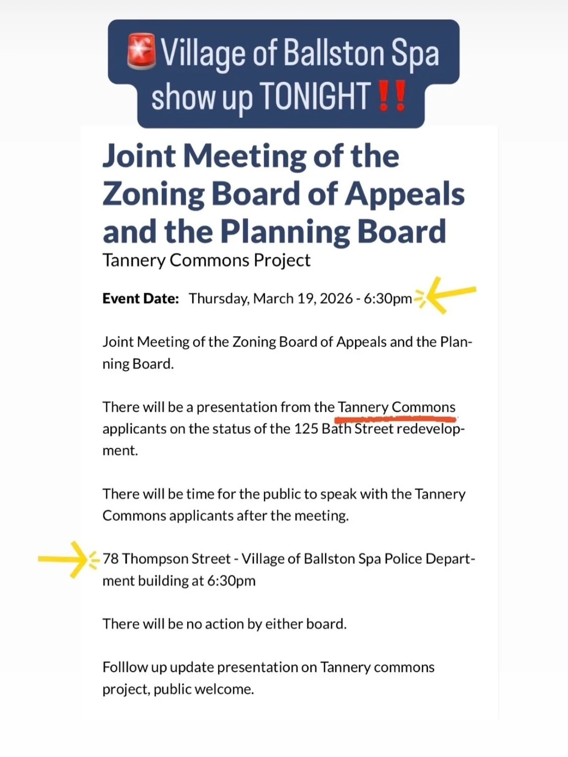‼️🏢 Bspa Tonight 3/19 at 6:30PM show up at 78 Thompson St, Ballston Spa to hear about the proposed new apartment development complex on Bath St known as &ldquo;Tannery Commons.&rdquo; ➡️ Swipe to see the agenda of this joint Zoning and Planning boar