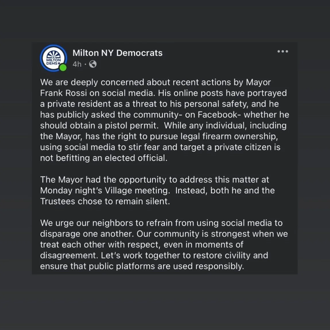 👉 Statement from our chairs: &ldquo;We are deeply concerned about recent actions by Mayor Frank Rossi on social media. His online posts have portrayed a private resident as a threat to his personal safety, and he has publicly asked the community- on