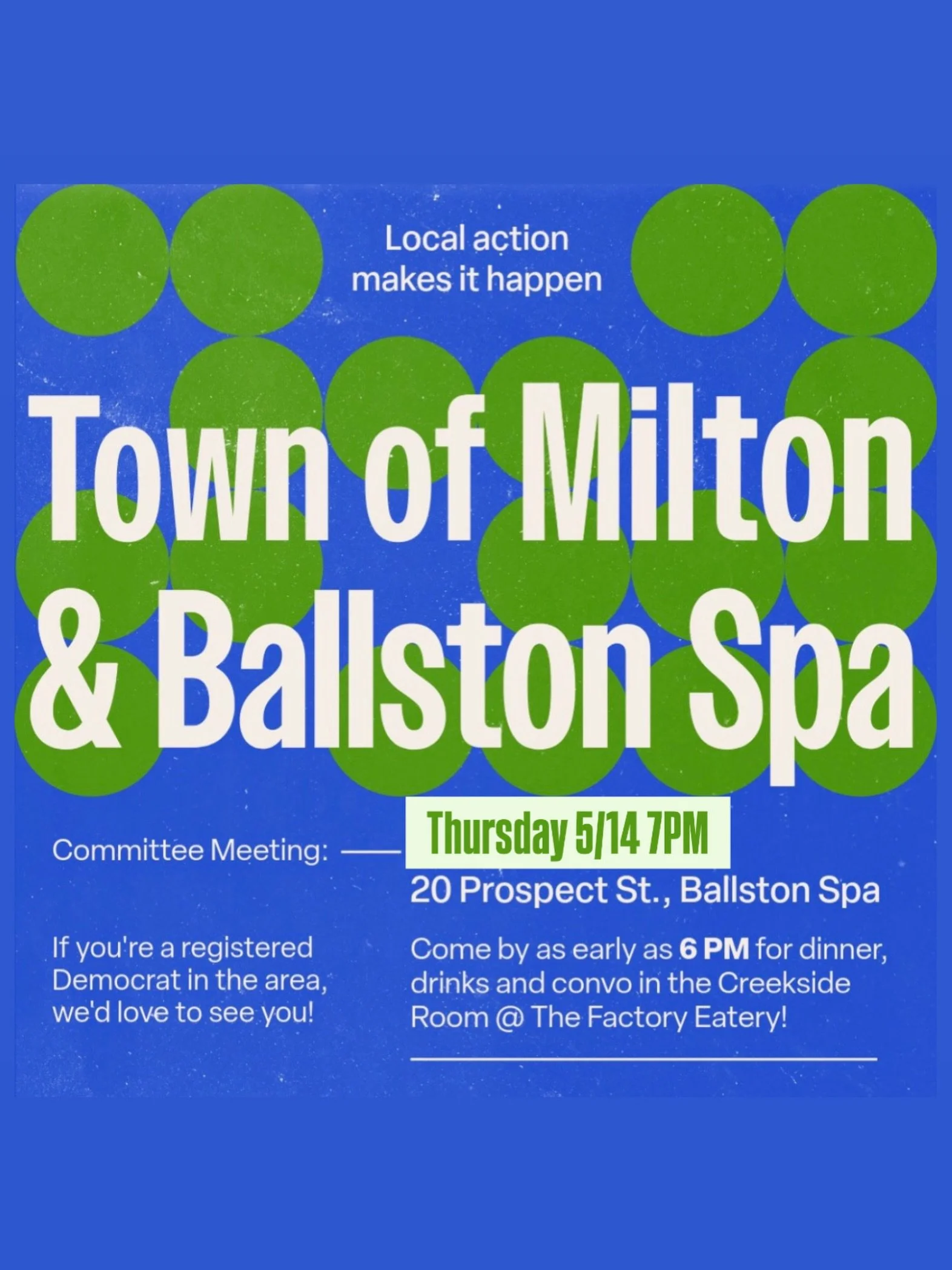 👋Join us TOMORROW 5/14 at 7PM for our #miltonnydems meeting at The Factory! All registered Democrats in Ballston Spa and town of Milton are welcome to attend!!

📅 Date: Thursday, 5/14/26
🕕 Time: 7:00 PM
📍 Location: The Creekside Room of the Facto
