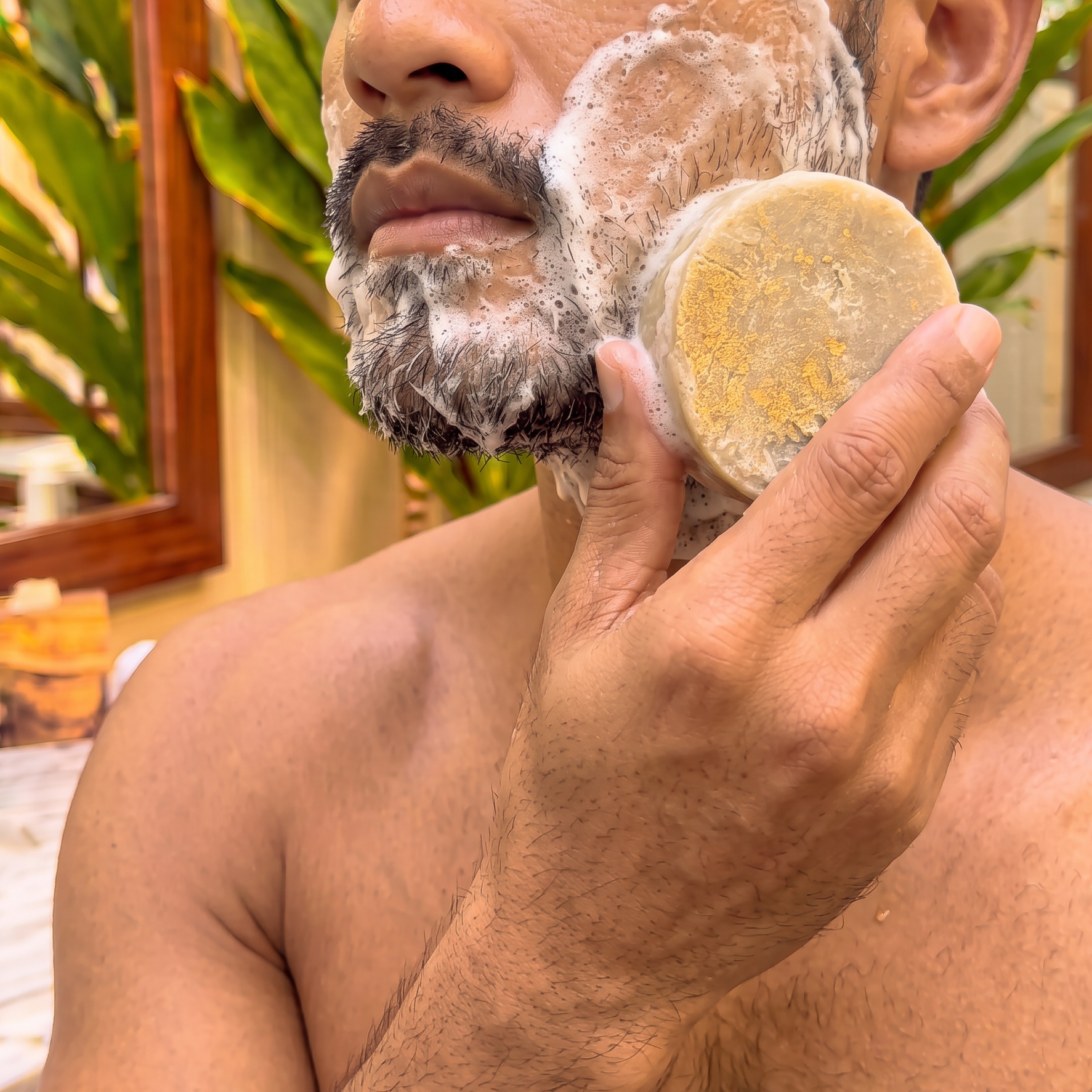 male model using The Centering Shave Ritual artisan soap puck on his beard and facial hair by Kekoa Creative. (Copy) (Copy)