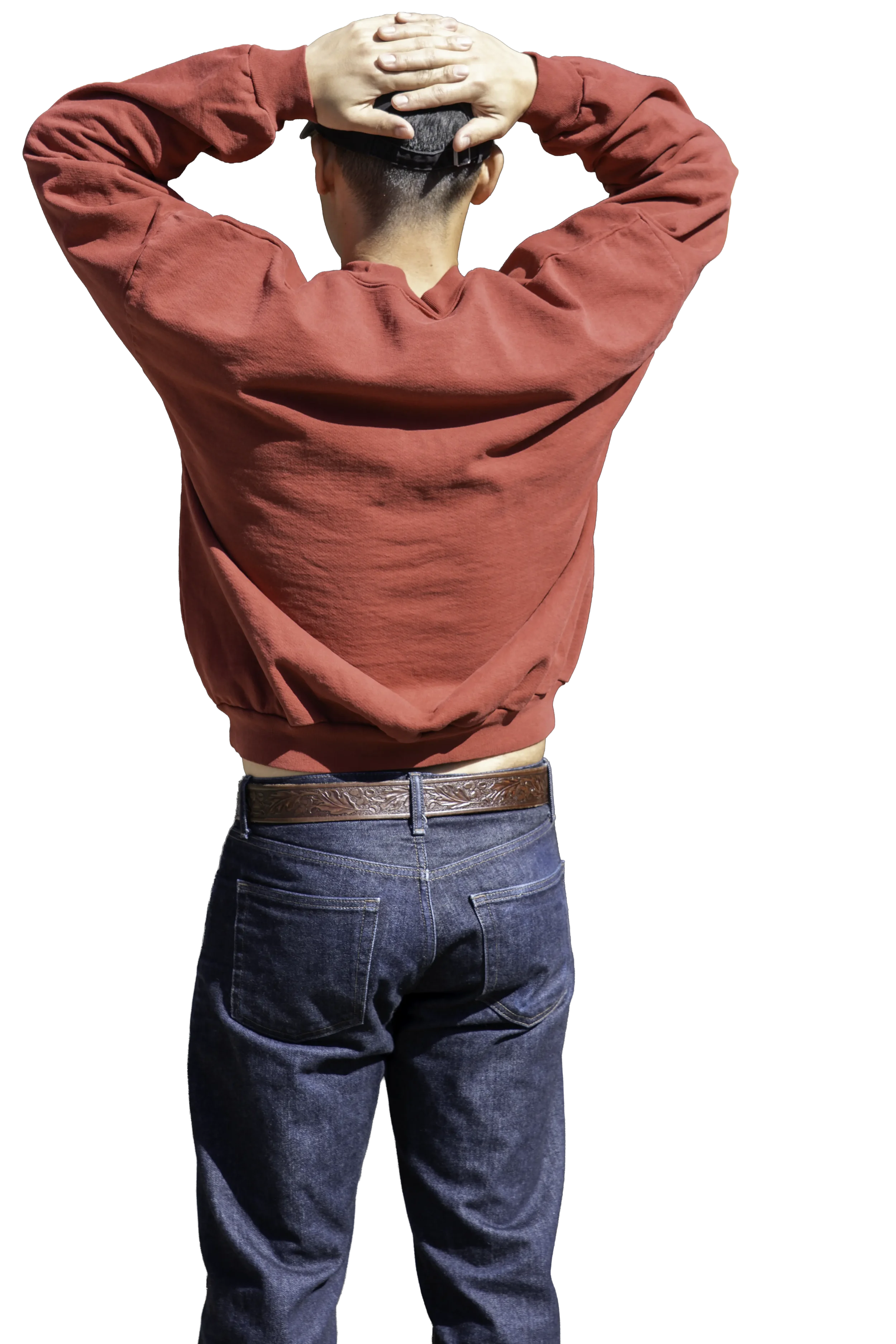 Back view of unprinted ʻŌhelo Red drop-shoulder boxy trash crewneck sweatshirt sitting at the hip by Kekoa Creative.