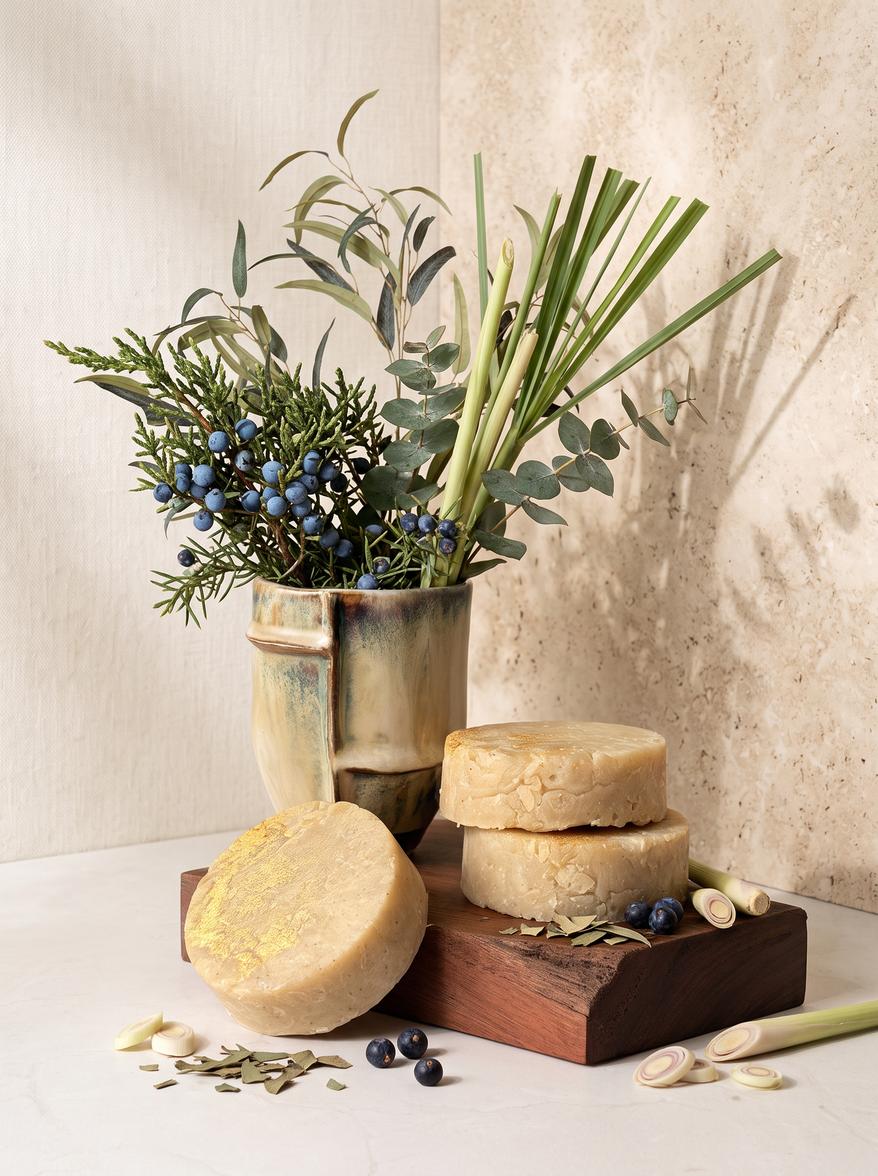 The Awakening Shave Ritual artisan soap pucks with Hawaiian Kukui nut oil, White Turmeric, and Bentonite Clay by Kekoa Creative. Arranged with botanical ingredients.