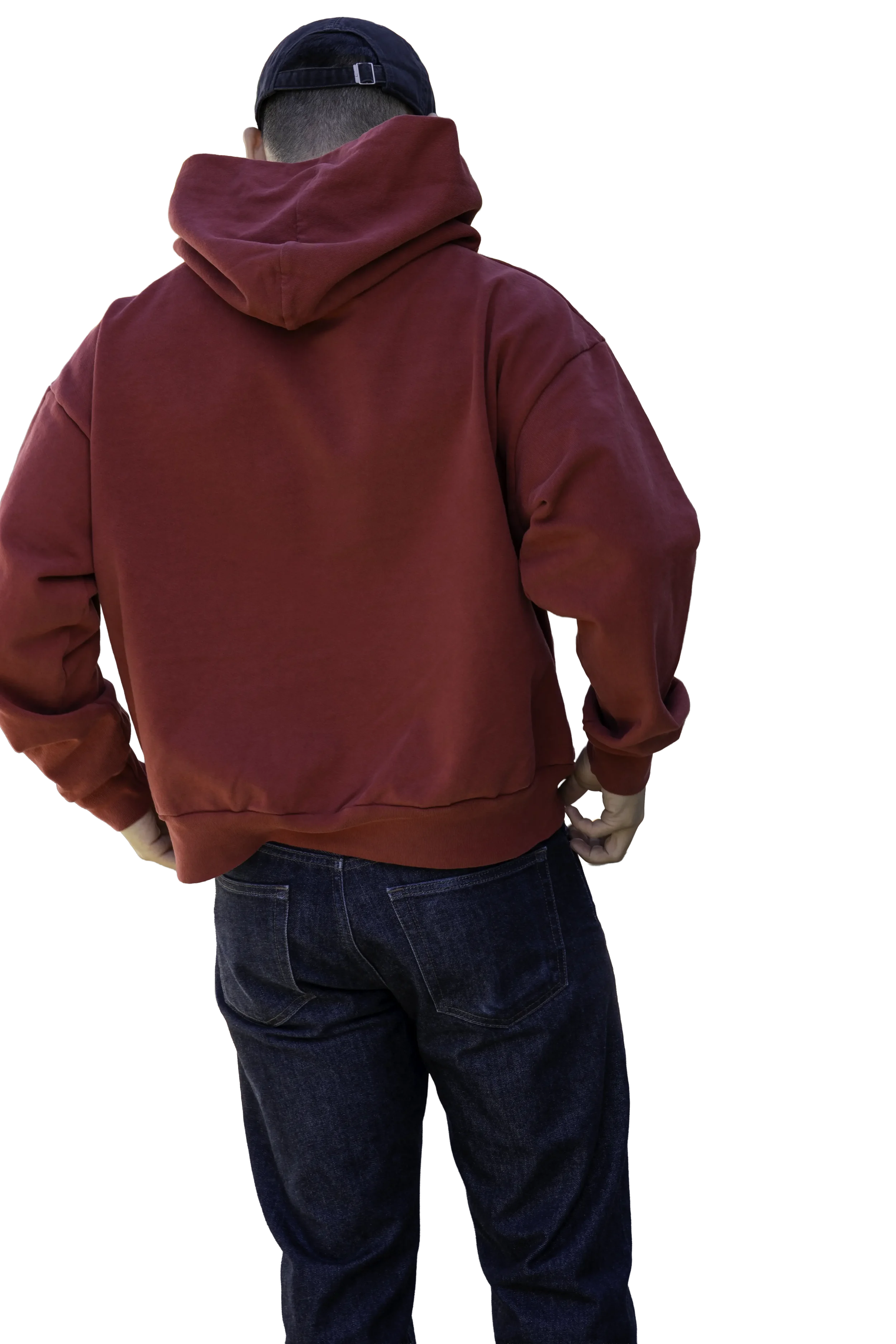 Back view of unprinted ʻŌhelo Red drop-shoulder boxy trash hoodie sitting at the hip by Kekoa Creative.