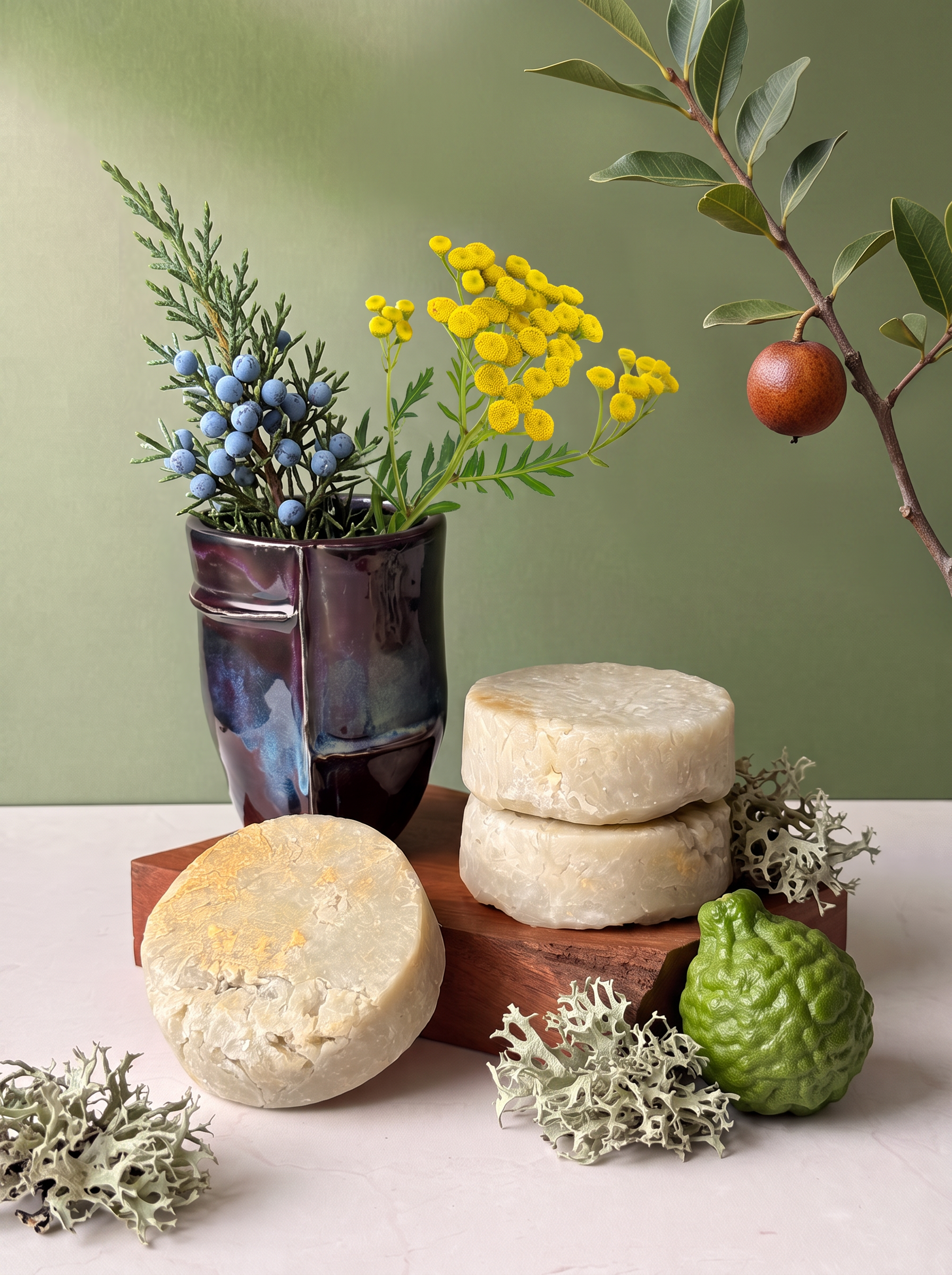 The Centering Shave Ritual artisan soap puck with Hawaiian Kukui nut oil, Blue Tansy, Green Clay, and Juniper Berry by Kekoa Creative. Arranged with botanical ingredients.