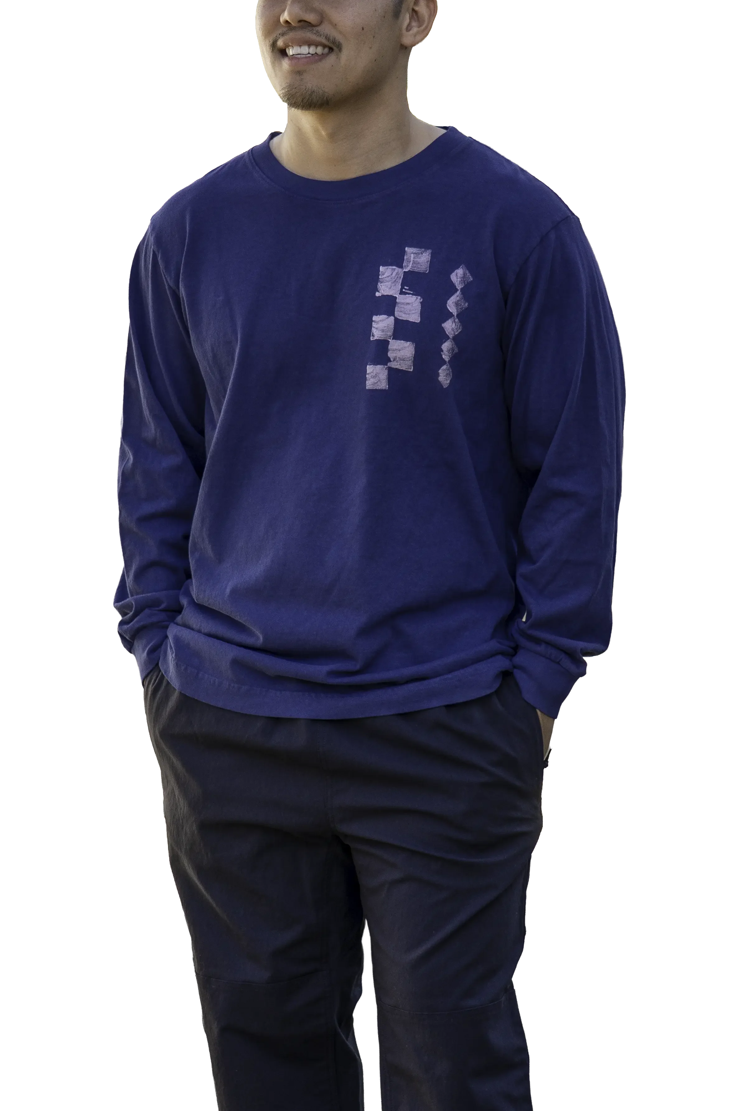 Kōnane Long Sleeve Trash Tee — Dark Navy (Zero-Hand Discharge Print)