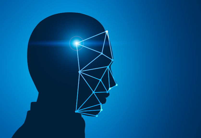 A rendering of facial recognition mapping a generic head shape