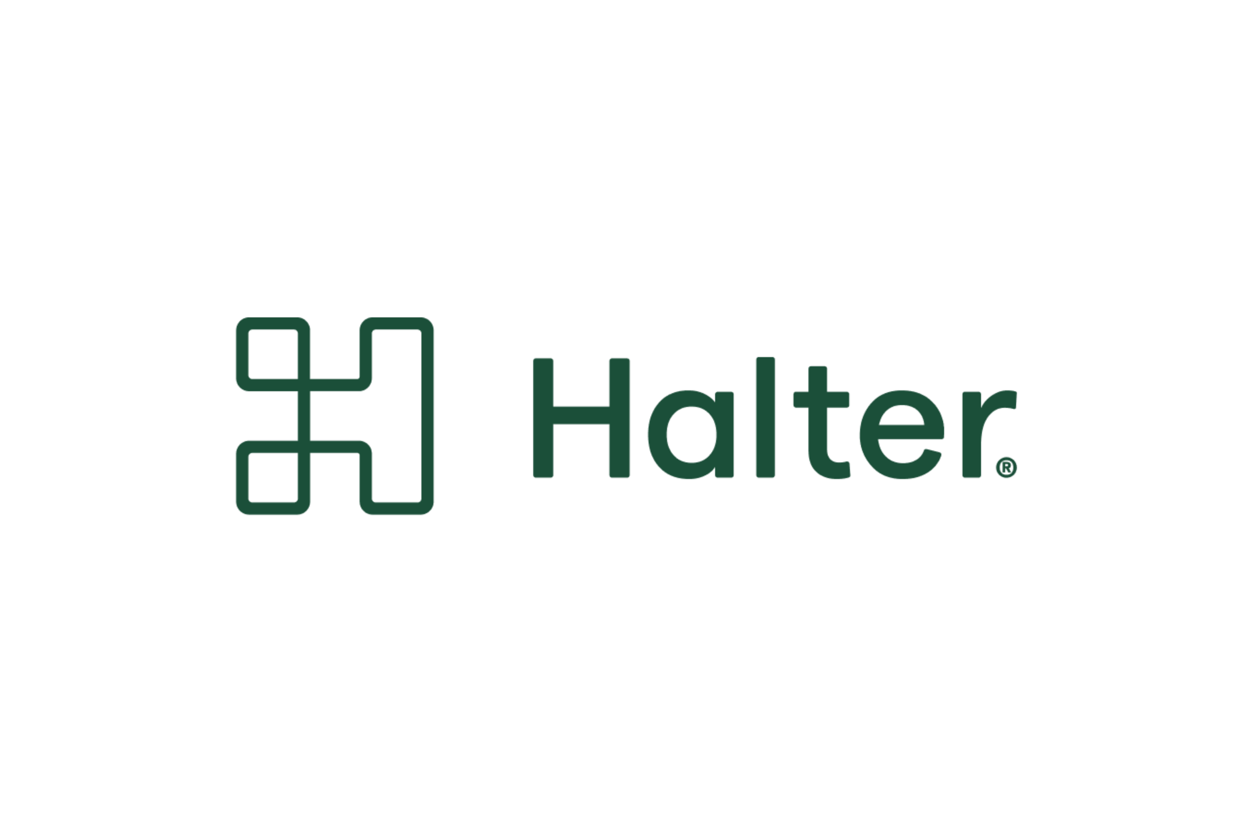 Halter logo featuring a stylized abstract symbol and the company name in green text on a black background