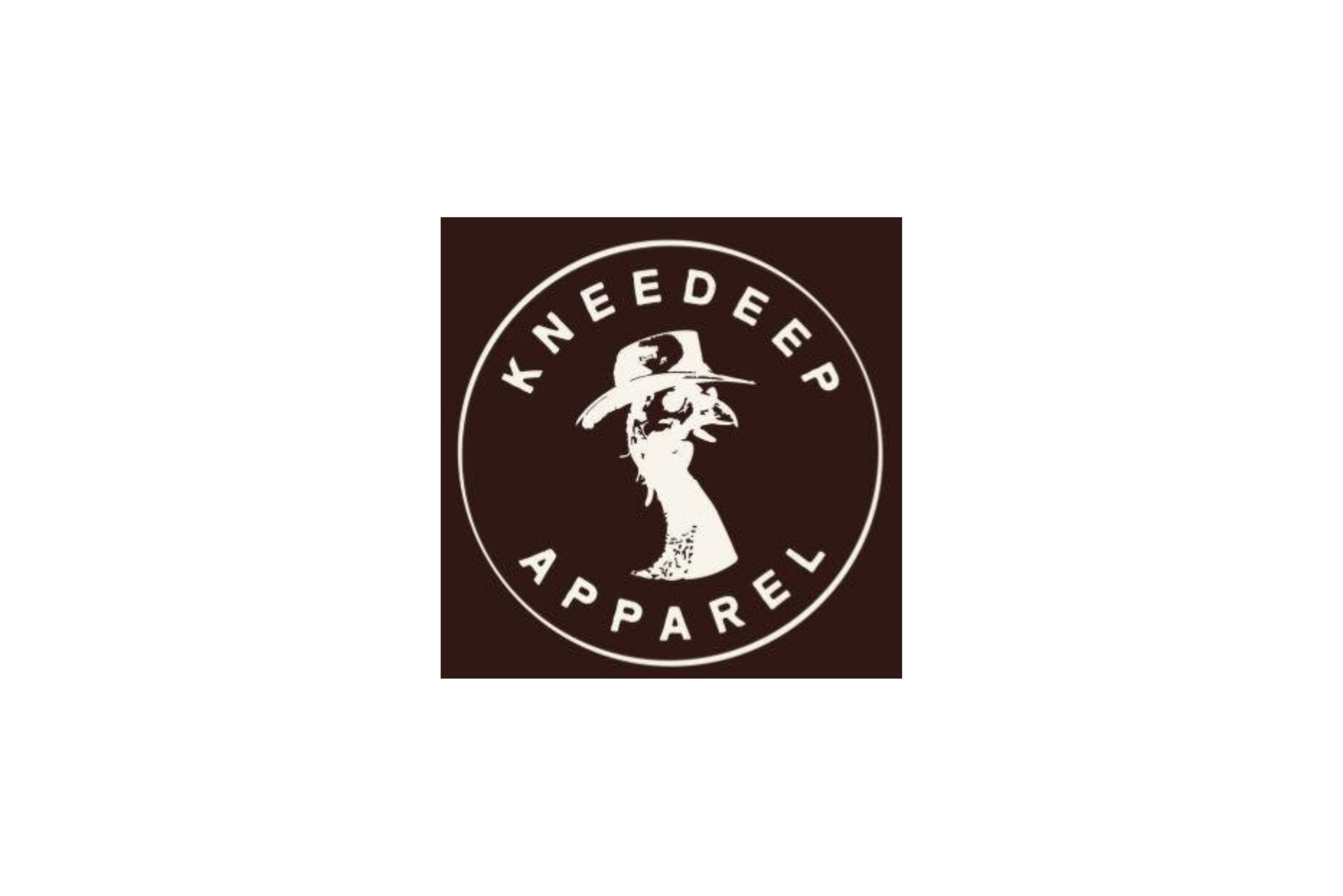 Logo for Kneedeep Apparel featuring a stylized profile of a person wearing a wide-brimmed hat, with the company name encircling the image.